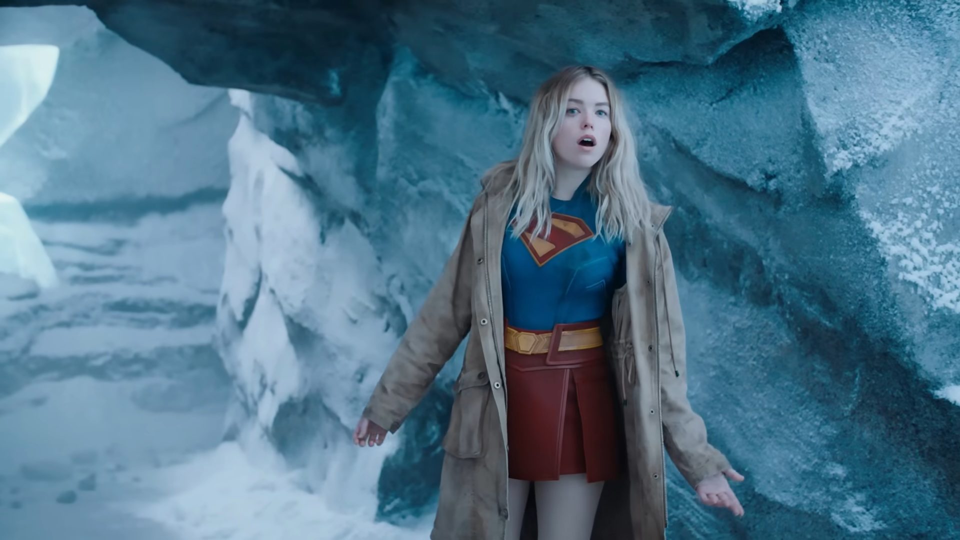 Milly Alcock as a drunk Supergirl in the Fortress of Solitude in Superman.