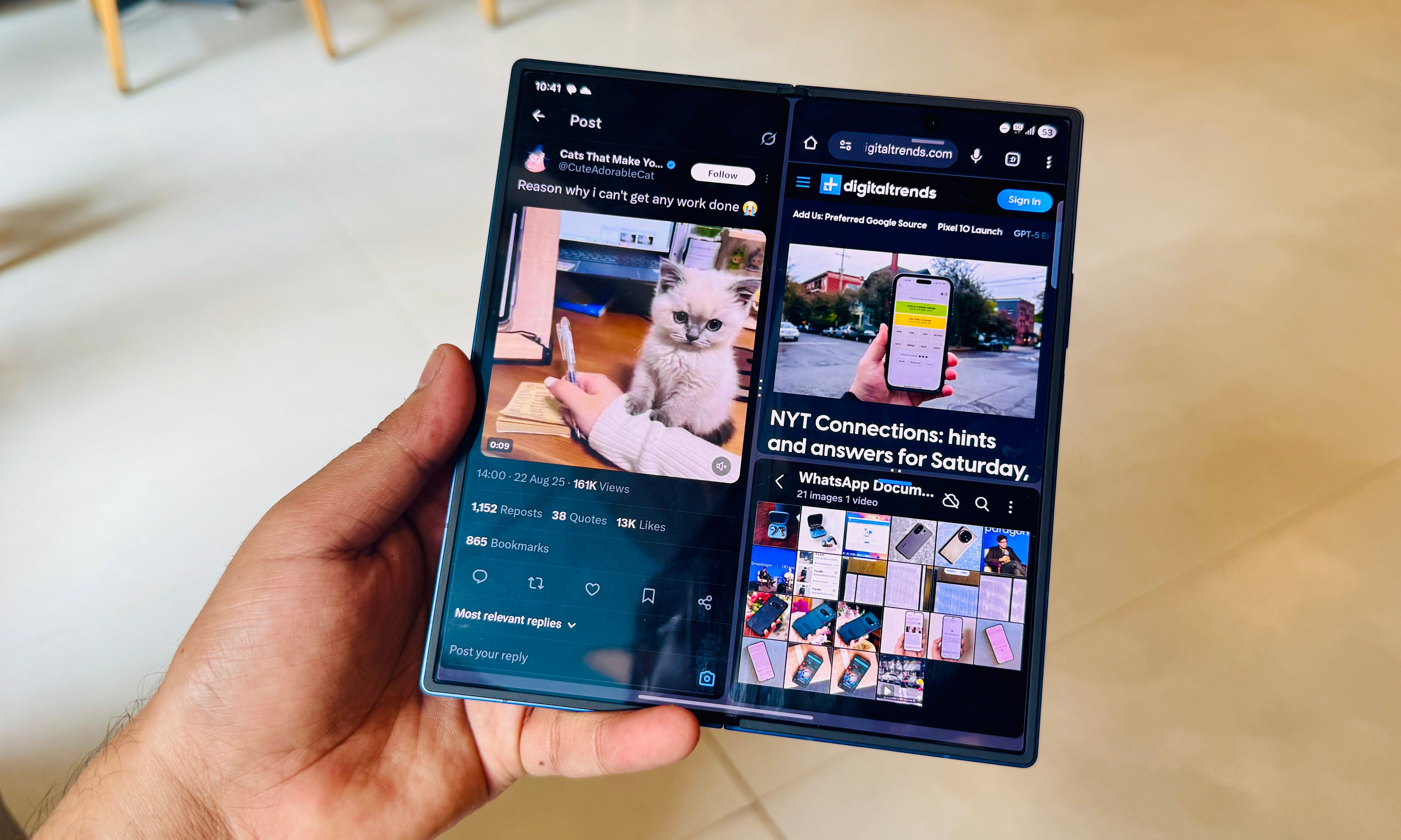 Multi-app view on Samsung Galaxy Z Fold 7.