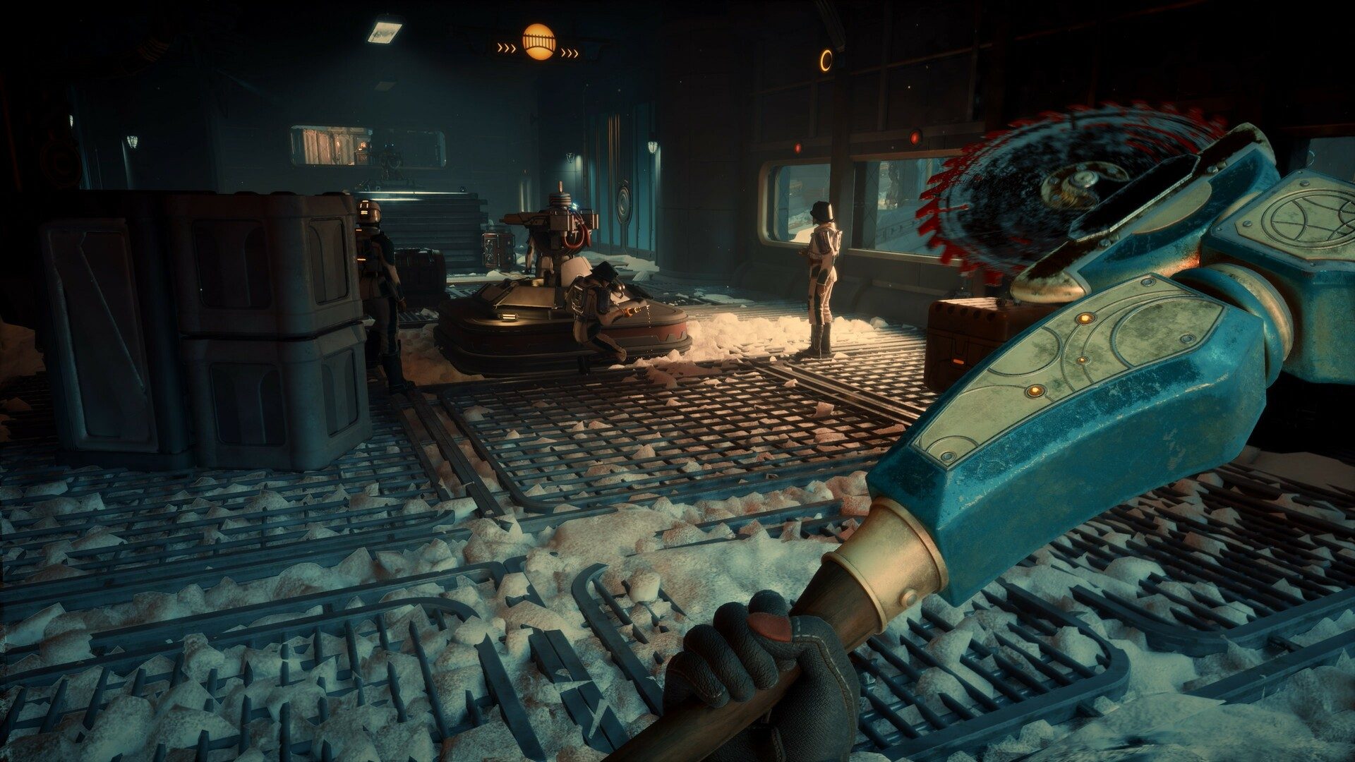 A character holding a red saw in The Outer Worlds 2.