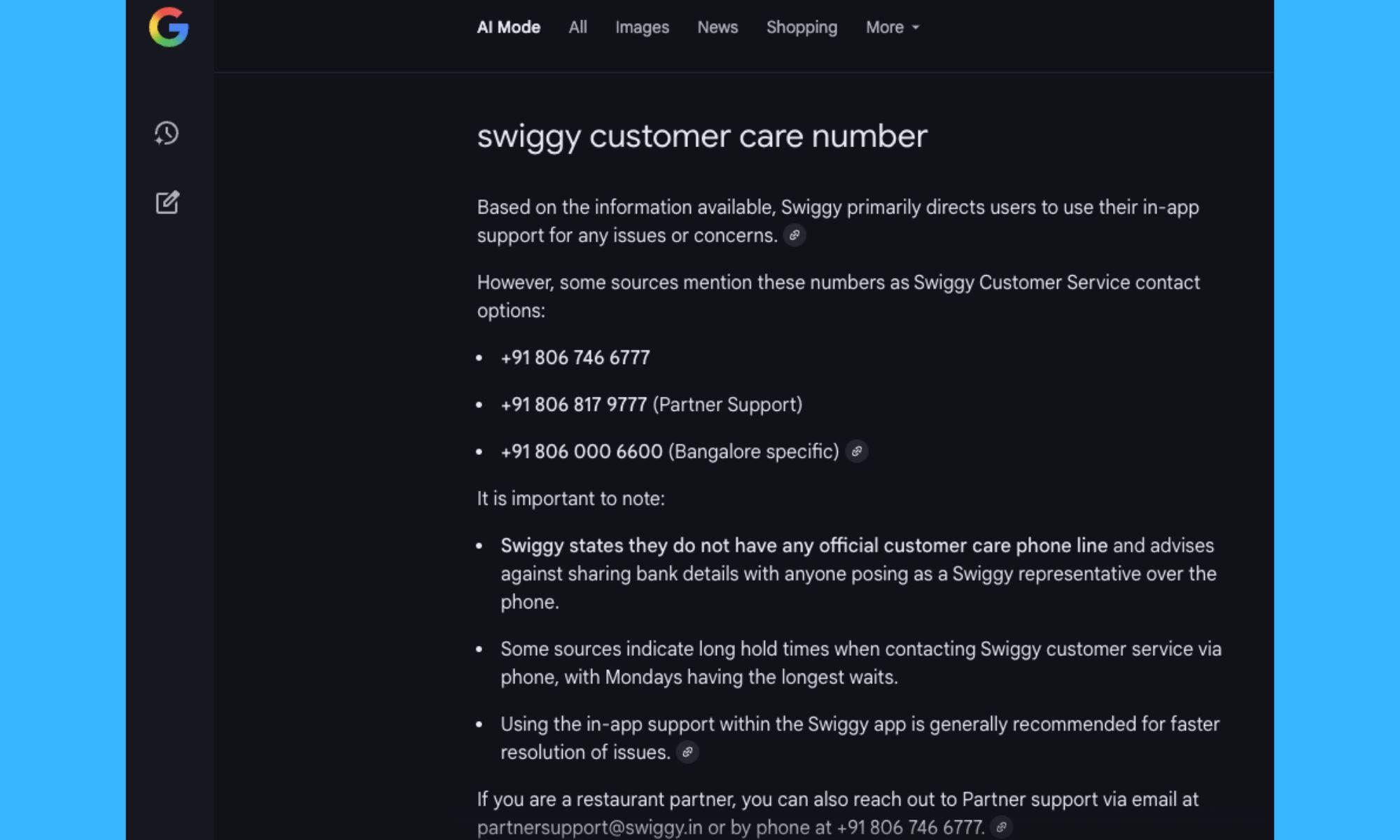 Google AI Mode result about Swiggy. 