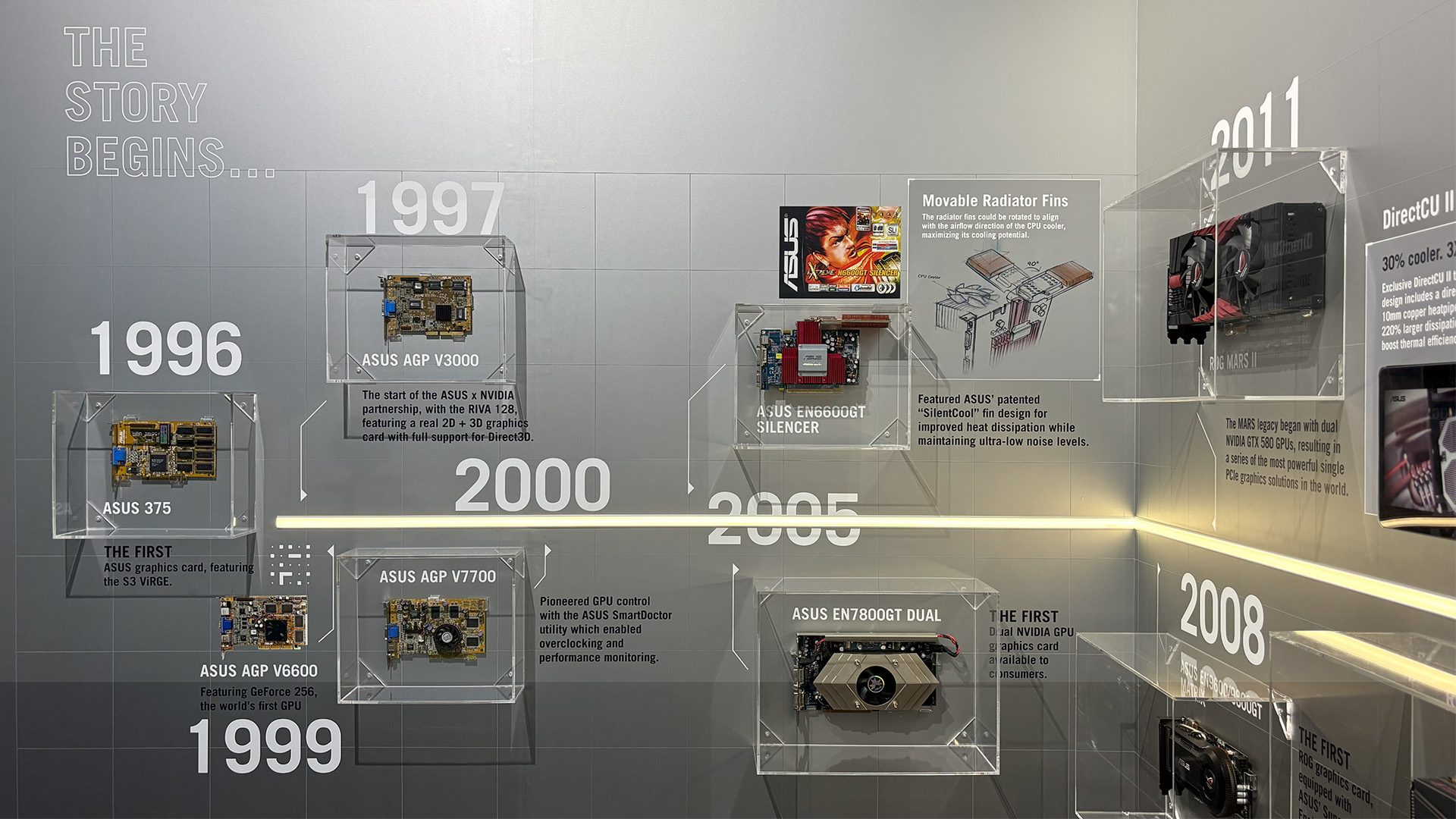 Wall of historic GPUs from Asus being displayed at Gamescom 2025.