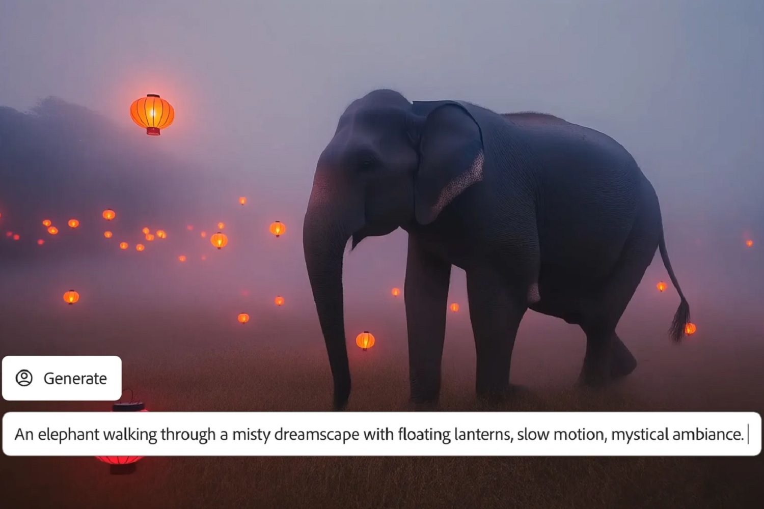 An example for Adobe Firefly Generate Video using a prompt featuring an elephant.