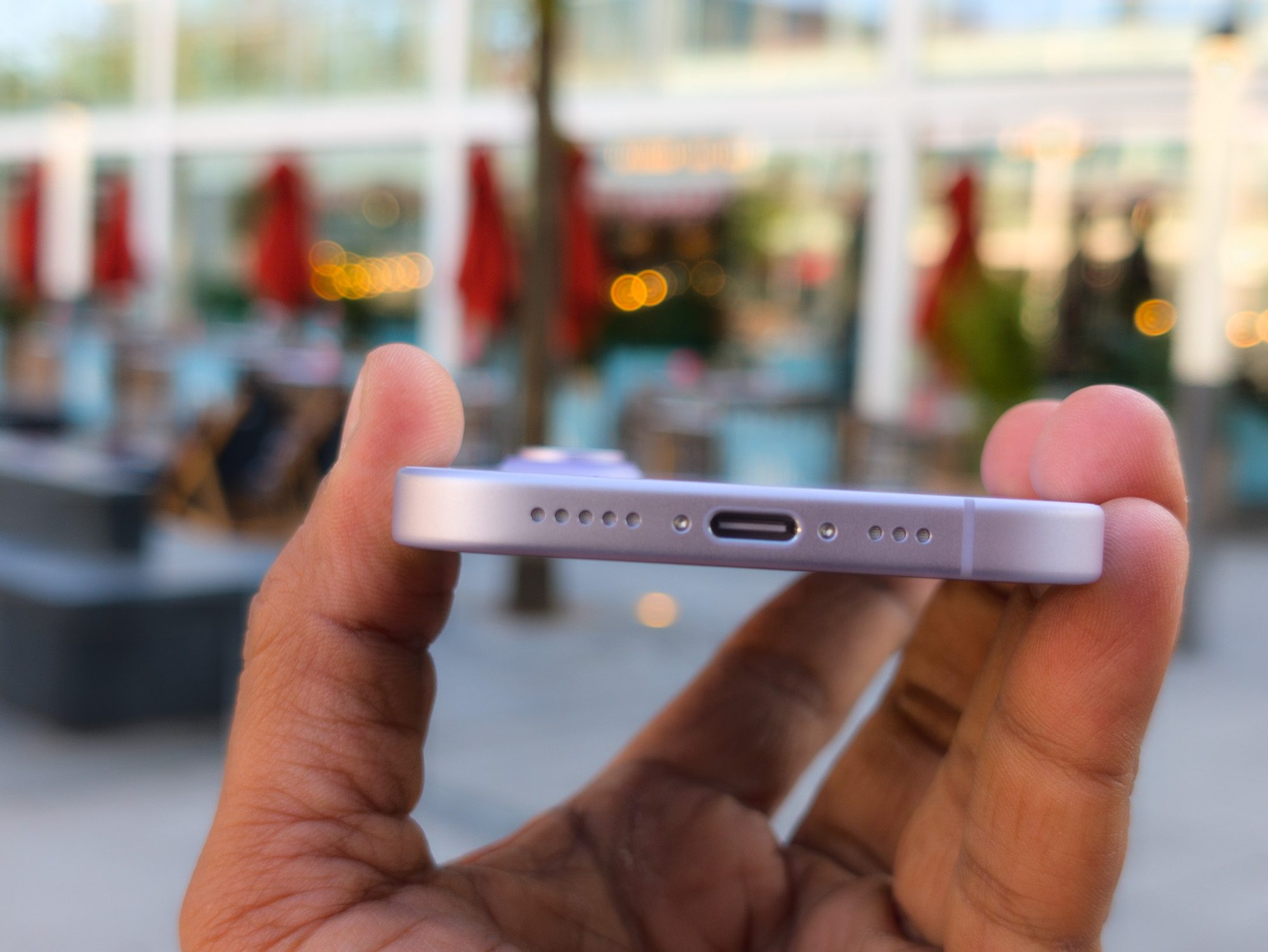 USB-C port on the Apple iPhone 17 in lavender purple