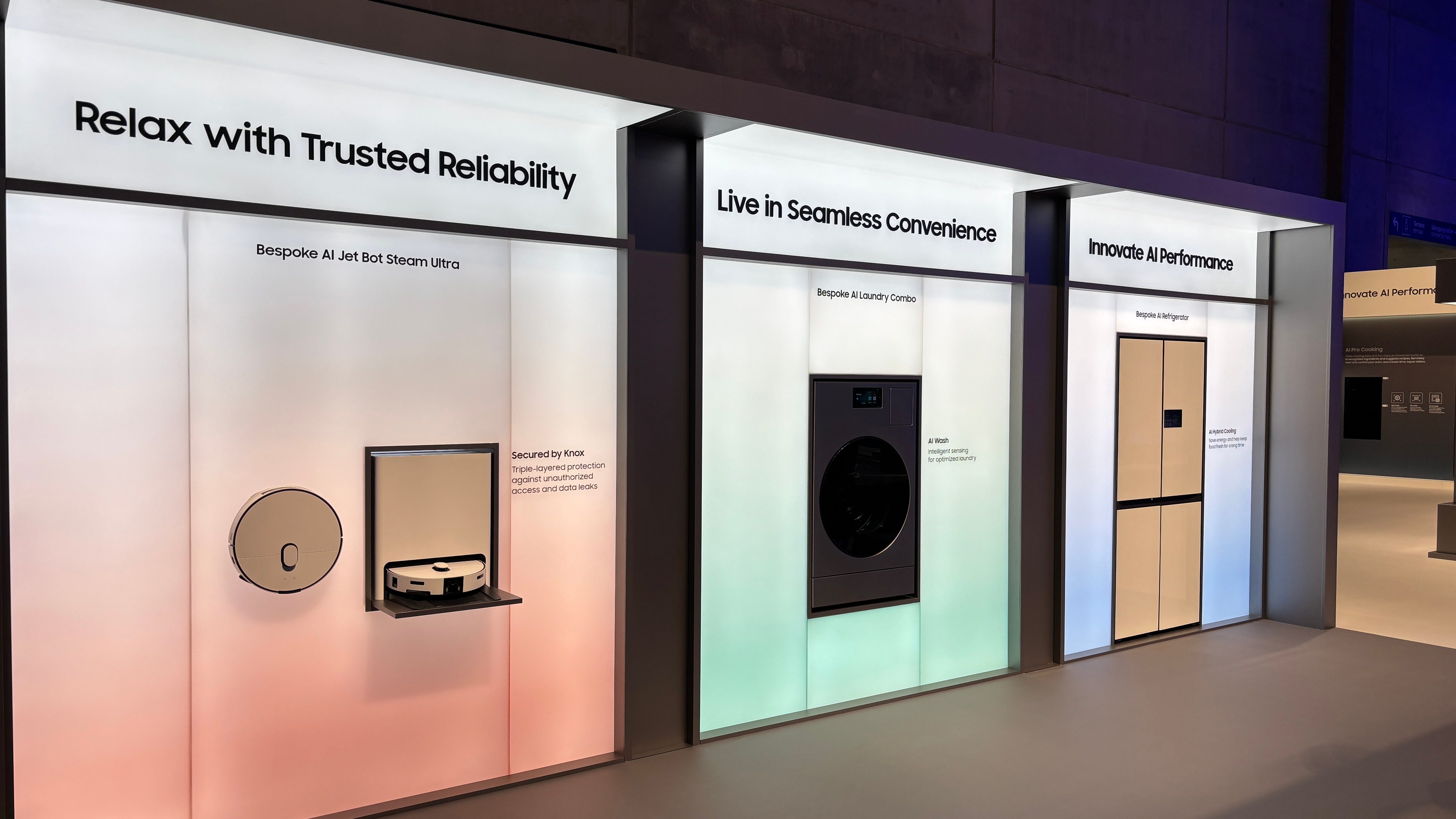 IFA 2025 Samsung stand showing robot vacuum, washing machine and fridge.