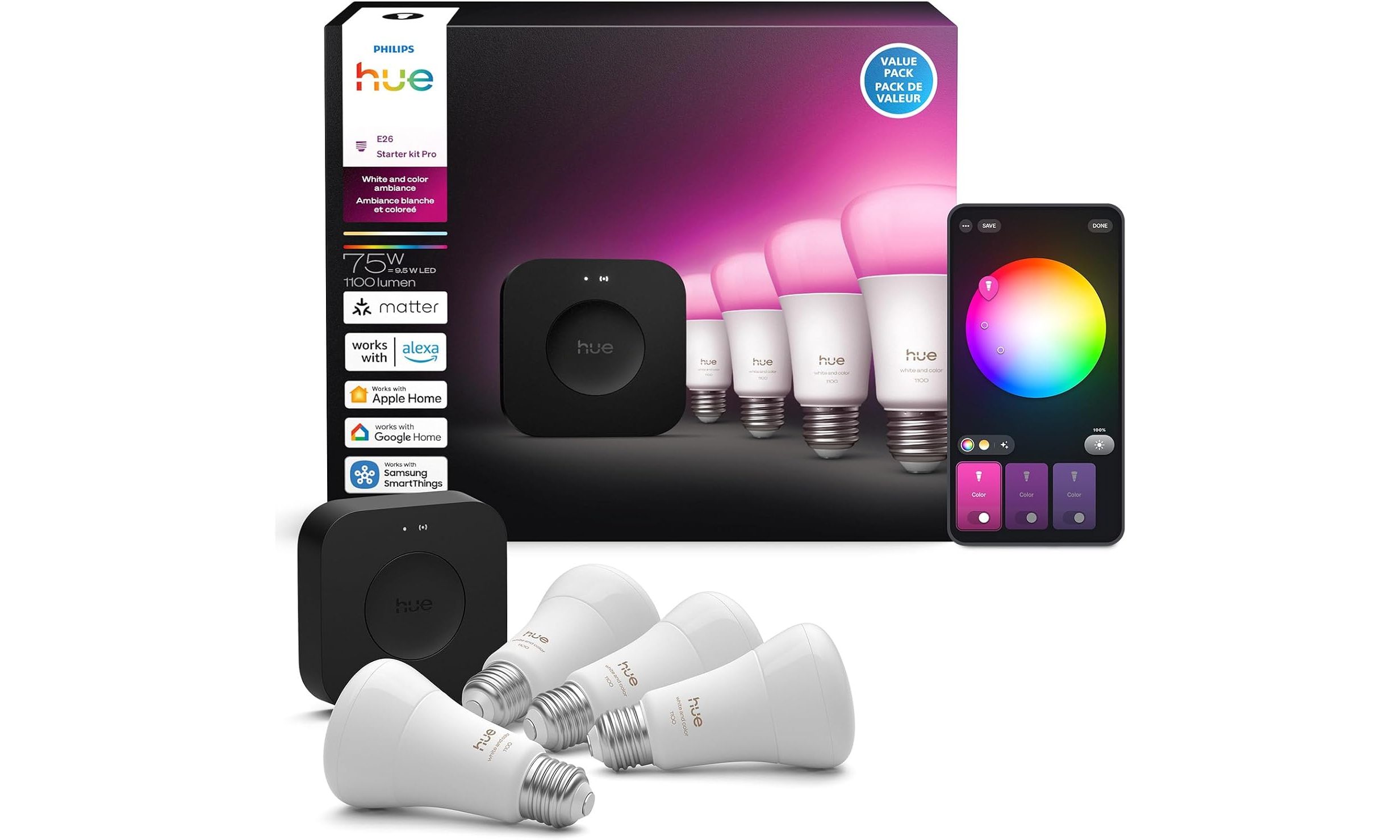Philips Hue Starter Kit box with four bulbs, bright and smartphone app