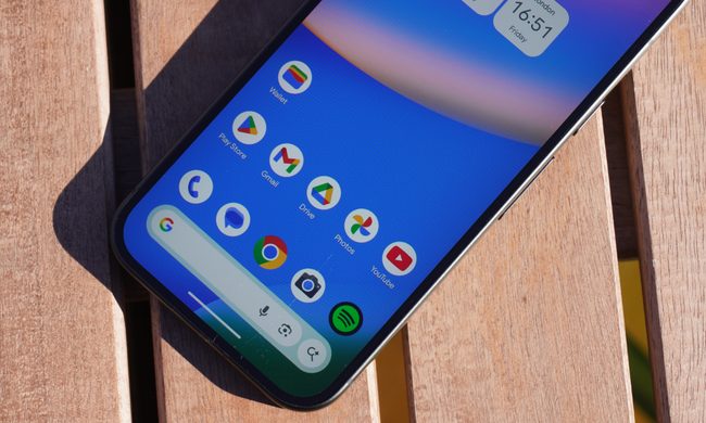Bottom half of Pixel 10 screen, showing a series of apps and the Google search bar