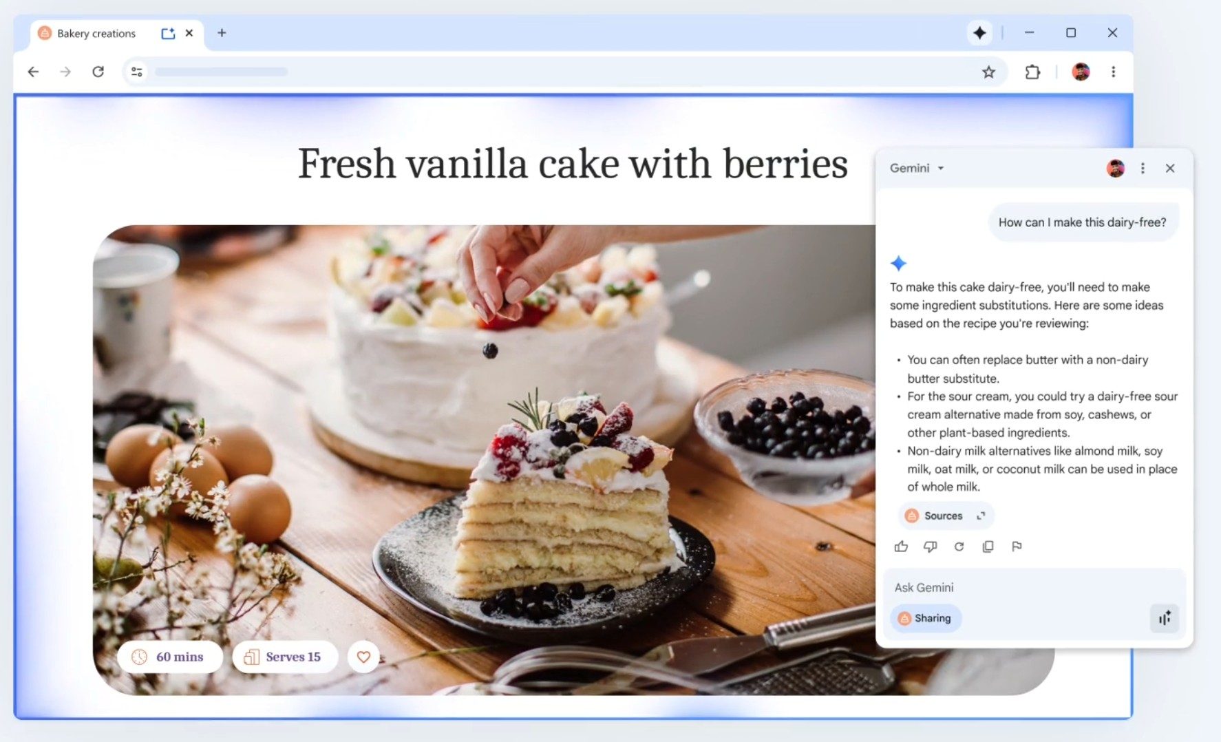 Gemini in Chrome showcasing how to change a recipe.