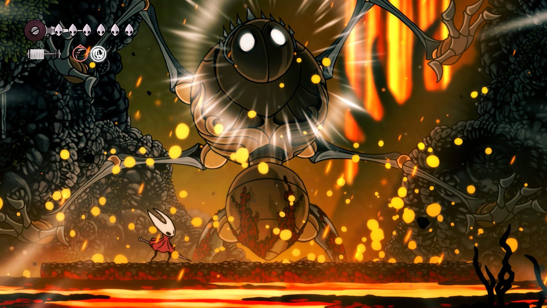 Hornet fighting a big glowing boss.
