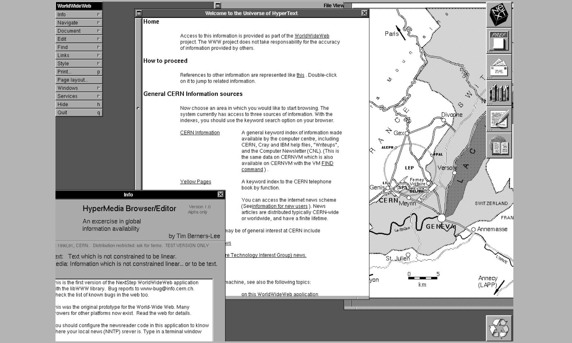 The NeXT web browser developed by Tim Berners‑Lee, shown in a screenshot.