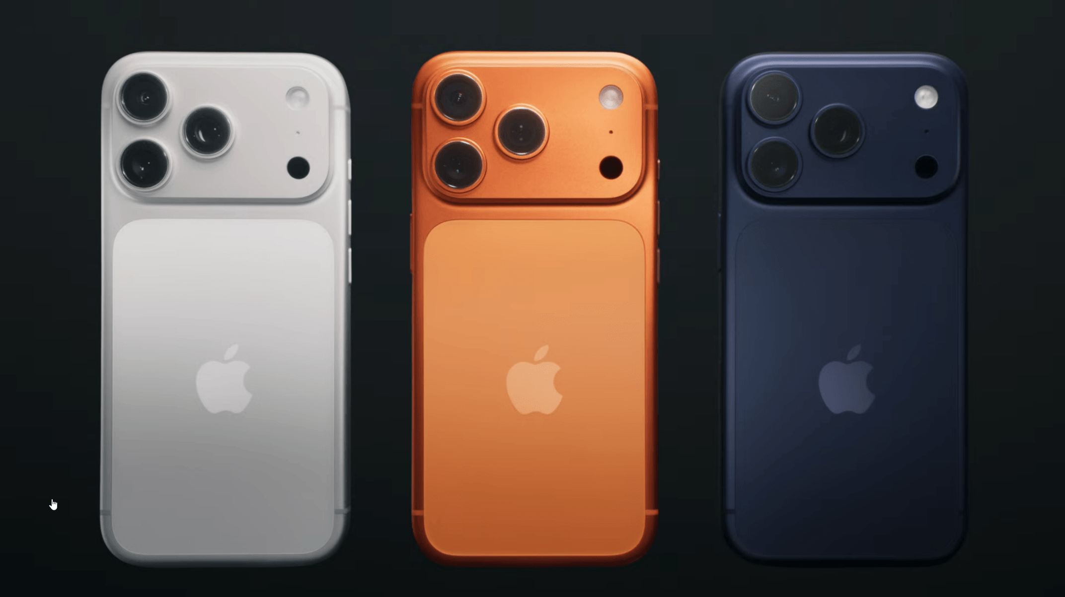 Three iPhone 17 Pro models in different colors: silver, orange and blue