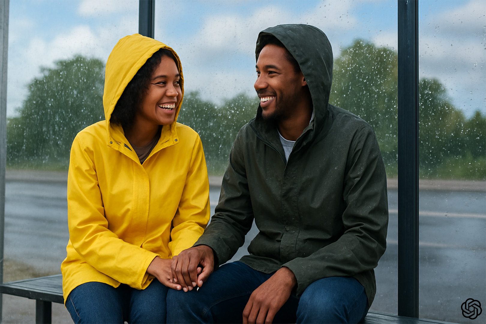 Image of two people sat at a bus stop generated by ChatGPT