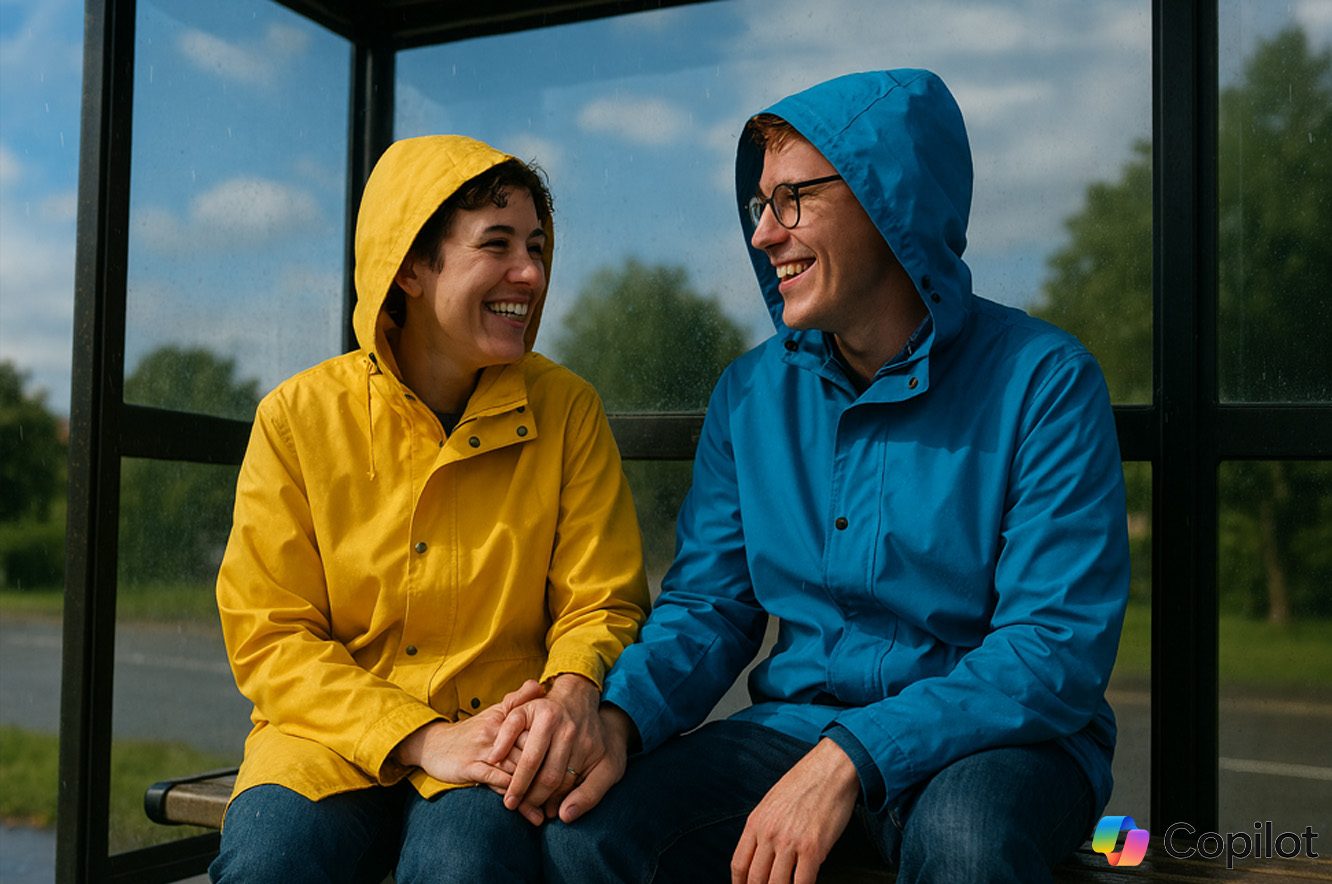Image of two people sat at a bus stop generated by Copilot