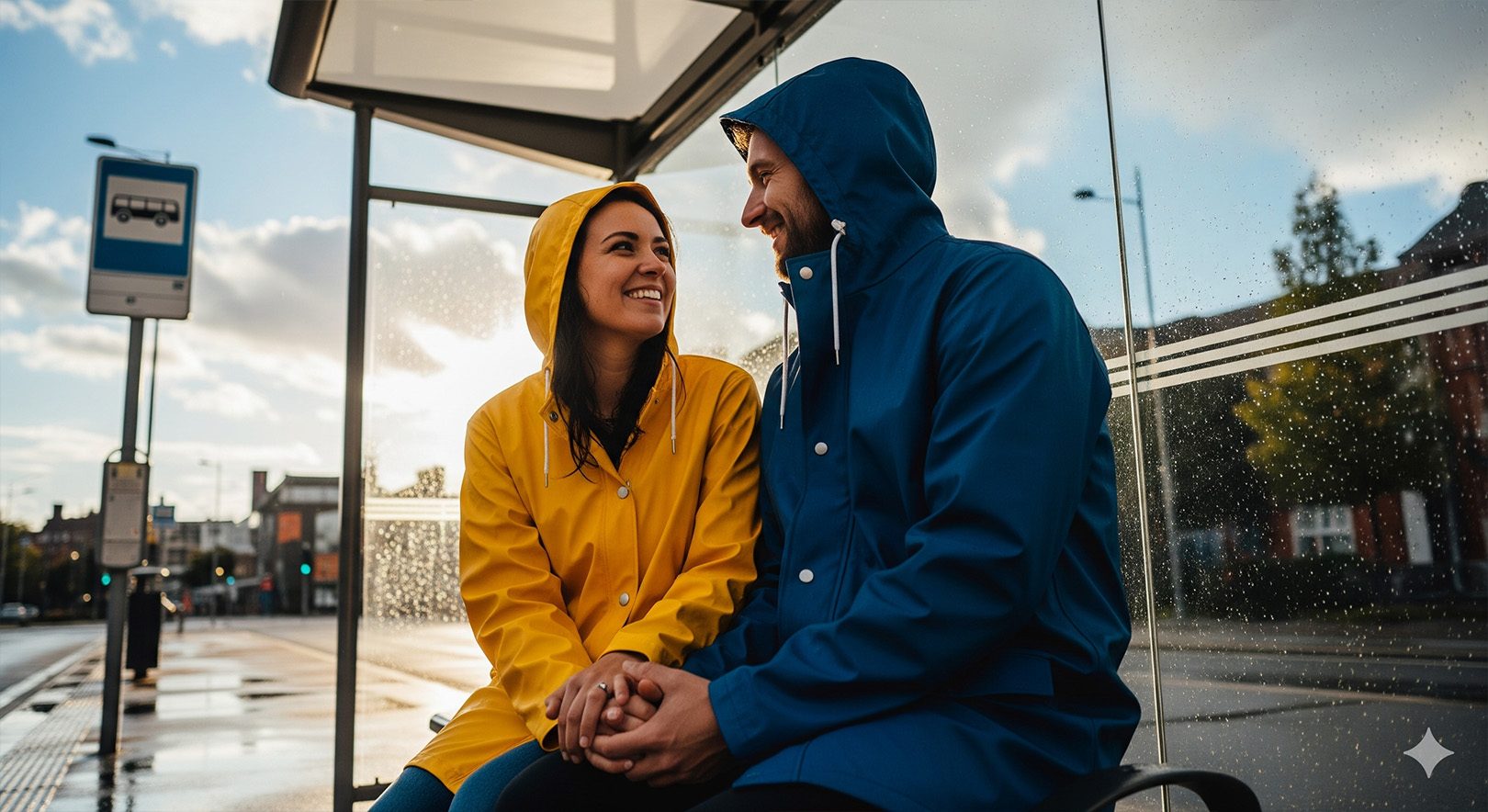 Image of two people sat at a bus stop generated by Gemini.