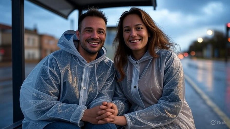 Image of two people sat at a bus stop generated by Grok