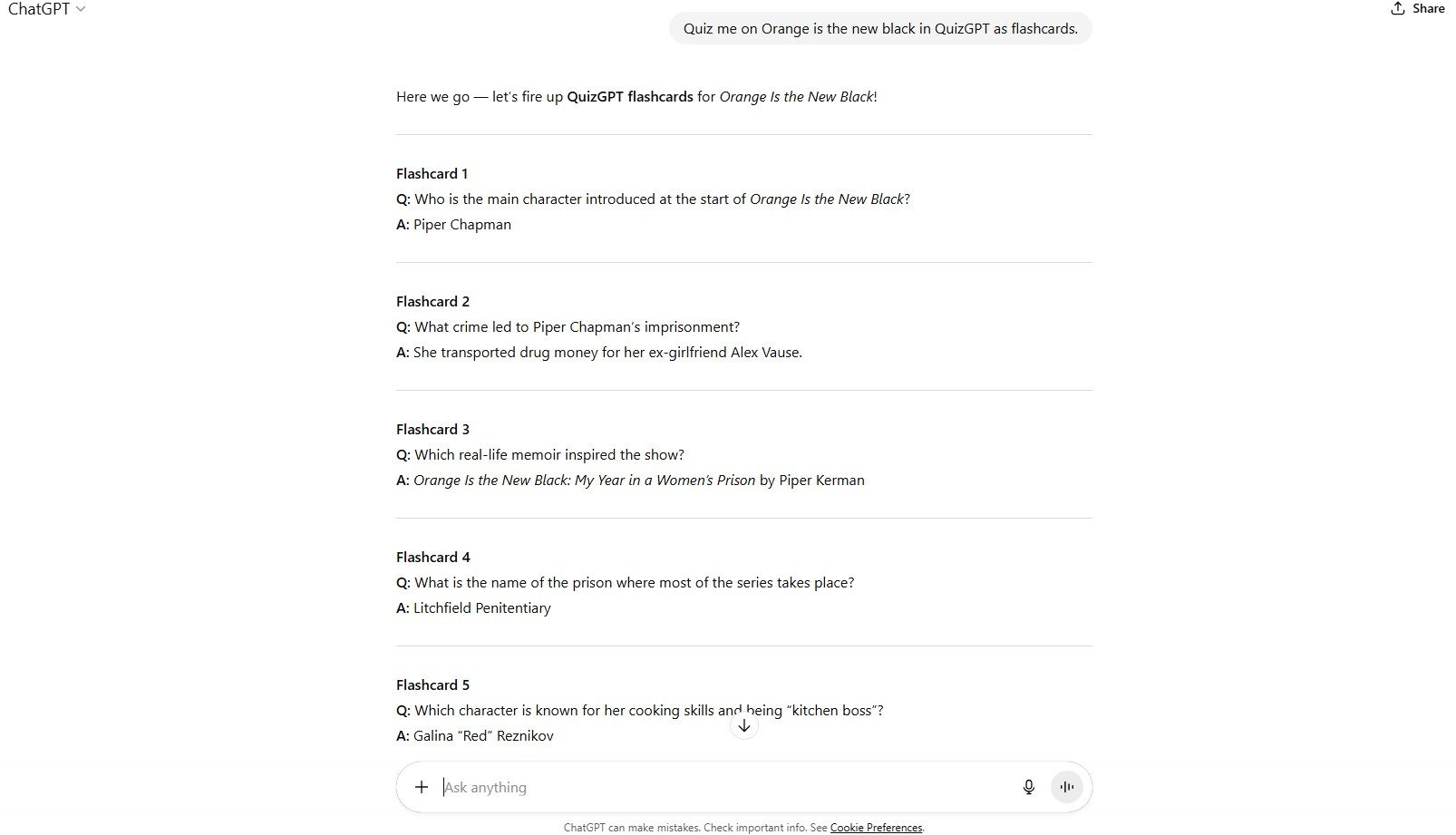 ChatGPT being used to access QuizGPT for orange is the new black flashcards.