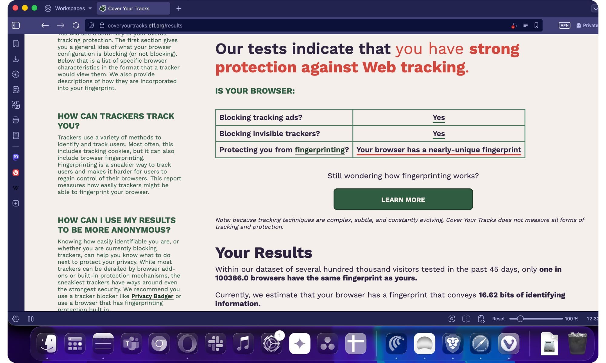 Result of running EFF Cover Your Tracks tool.