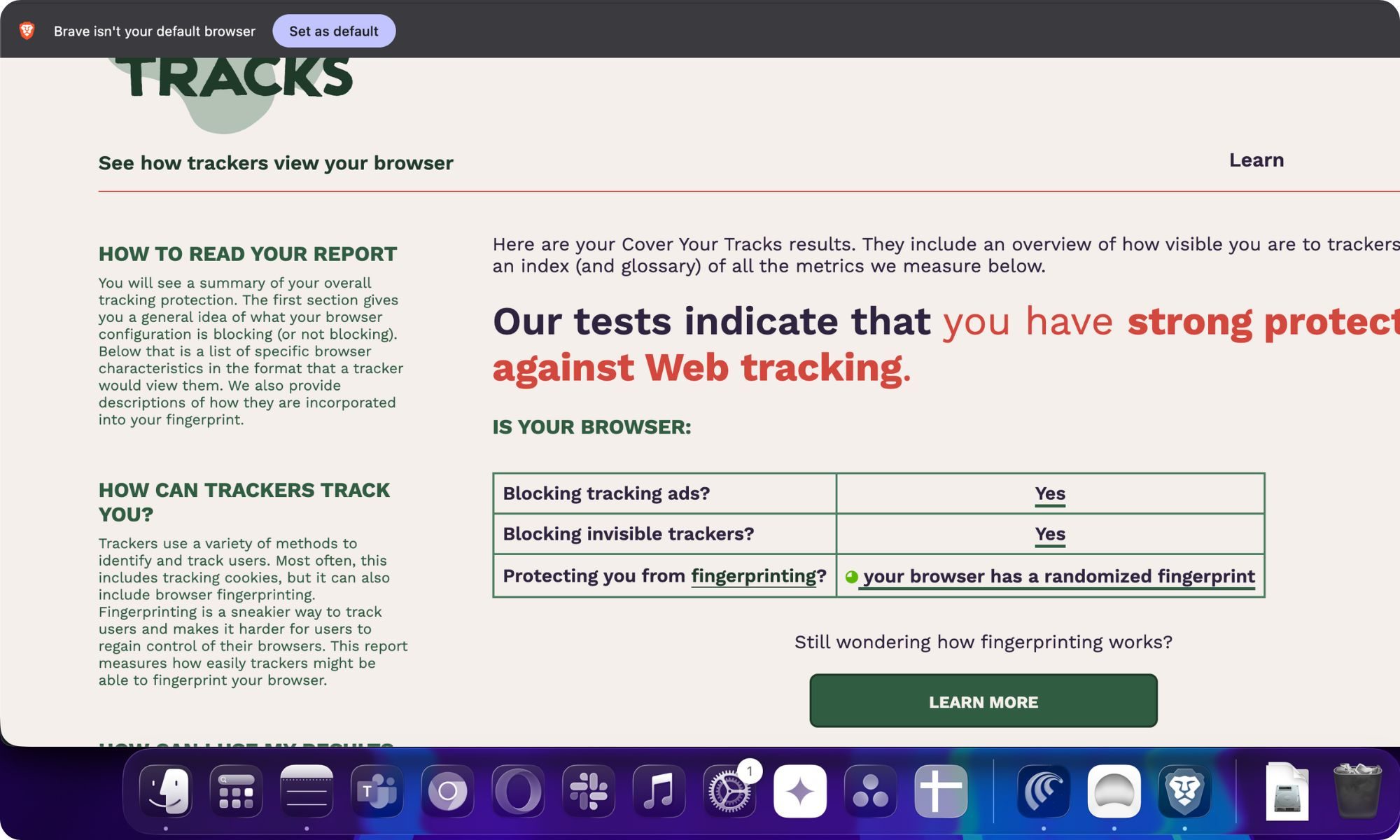Analysis from EFF Cover Your Tracks tool.