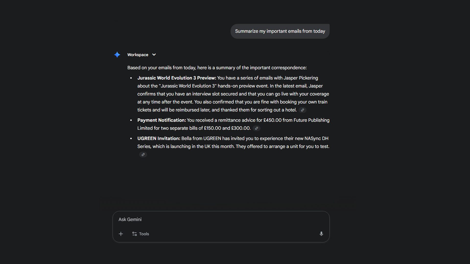 Email summaries from Google Gemini