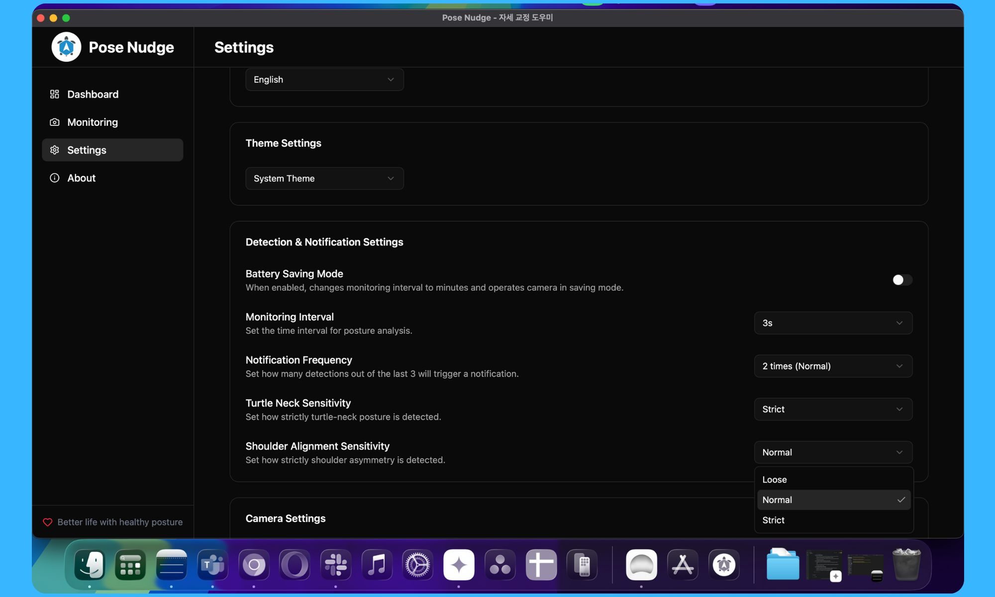Settings in Pose Nudge app for Mac.