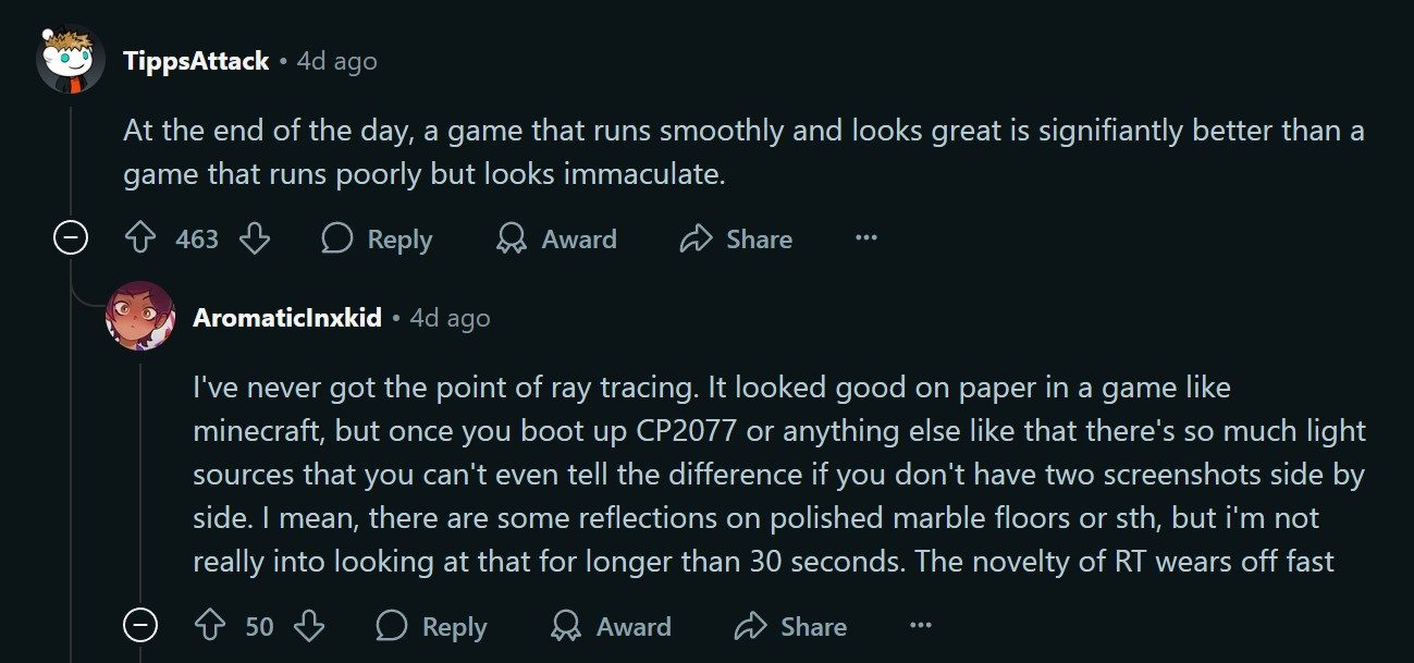 A screenshot from Reddit, discussing ray tracing in Battlefield 6.