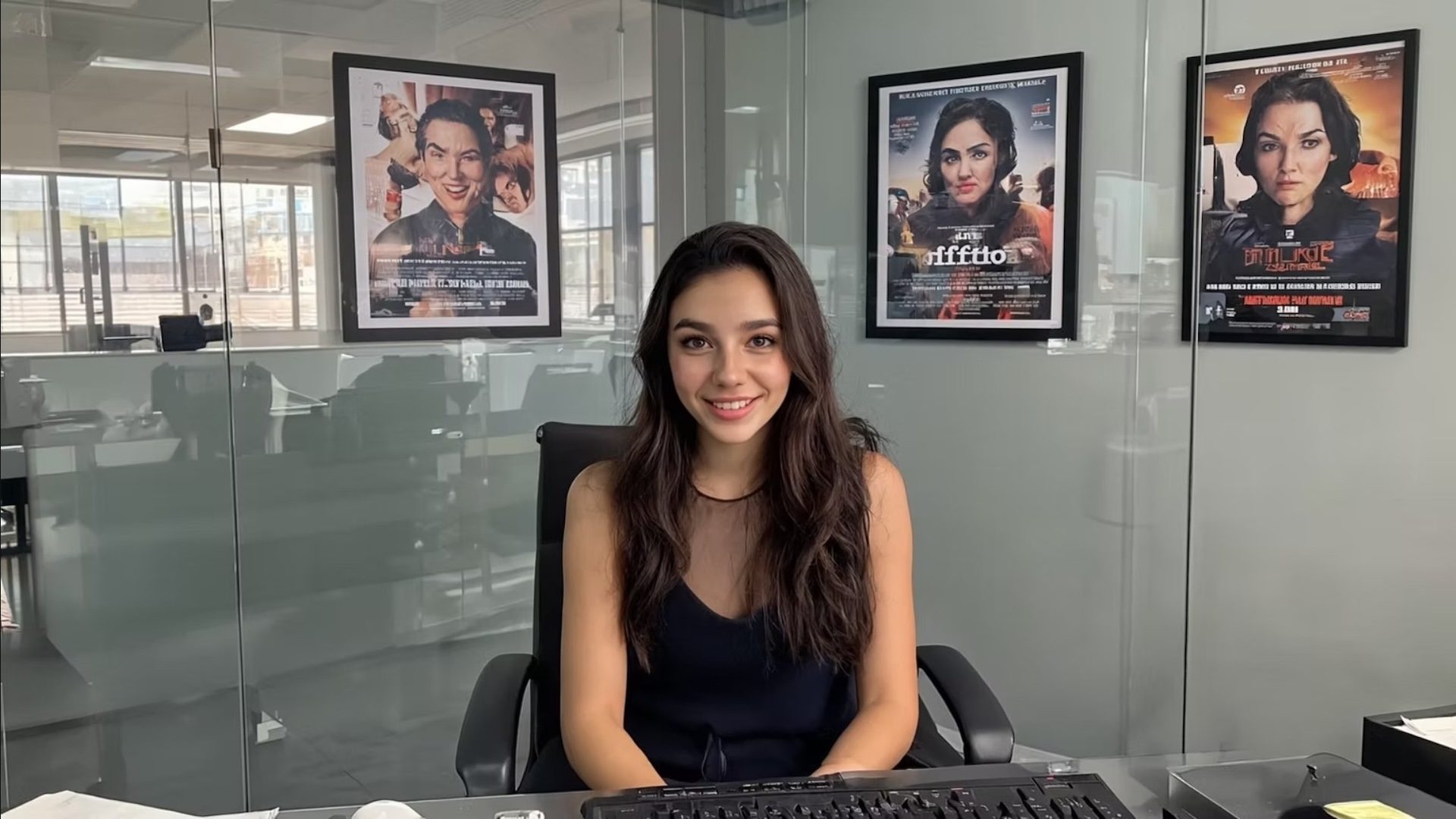An AI actress smiles while sitting.