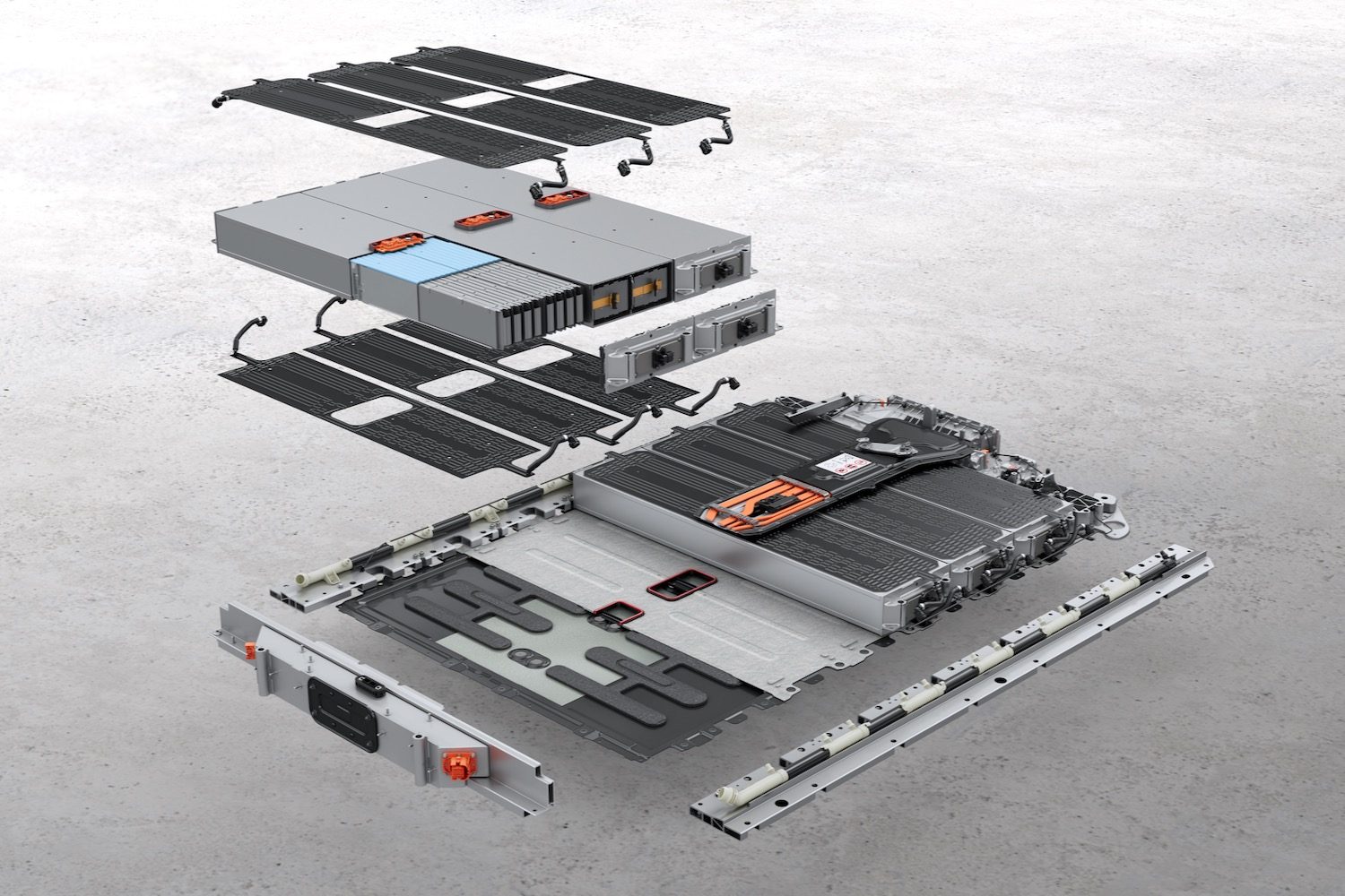 Exploded view of a Porsche Cayenne Electric battery pack.