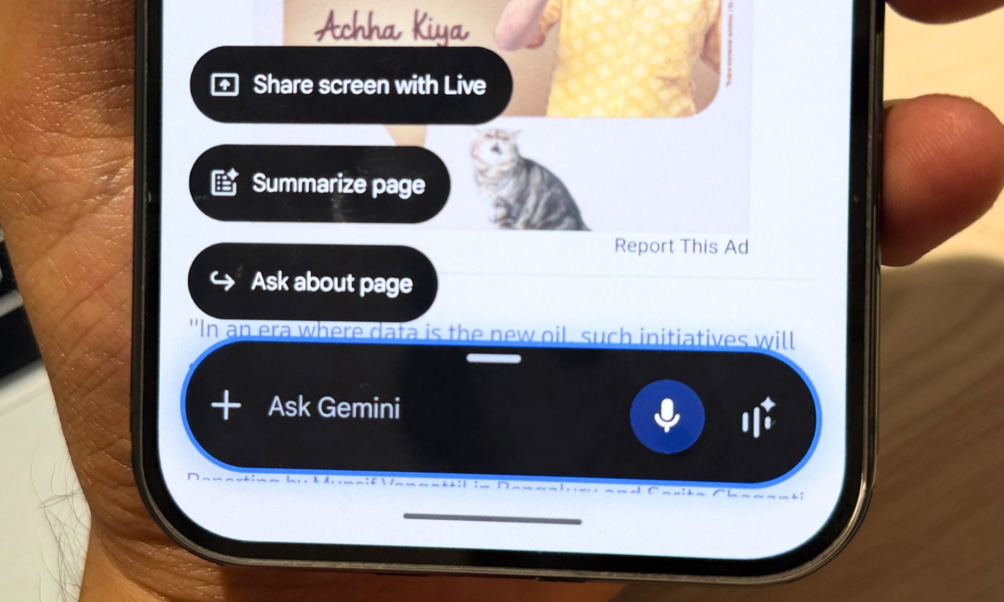 Picture of the Summarize Page shortcut on top of the Gemini query box.