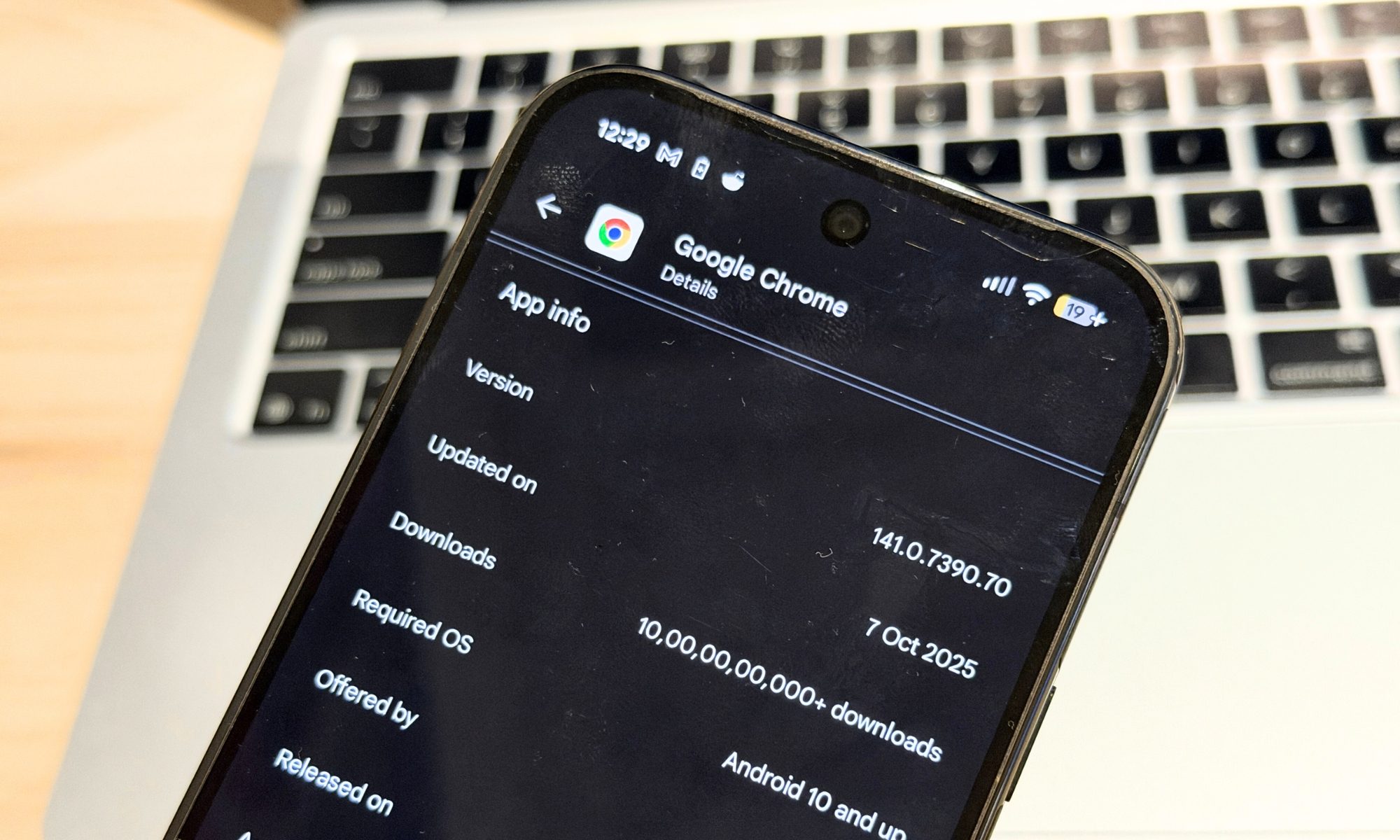 Chrome app version on the screen.