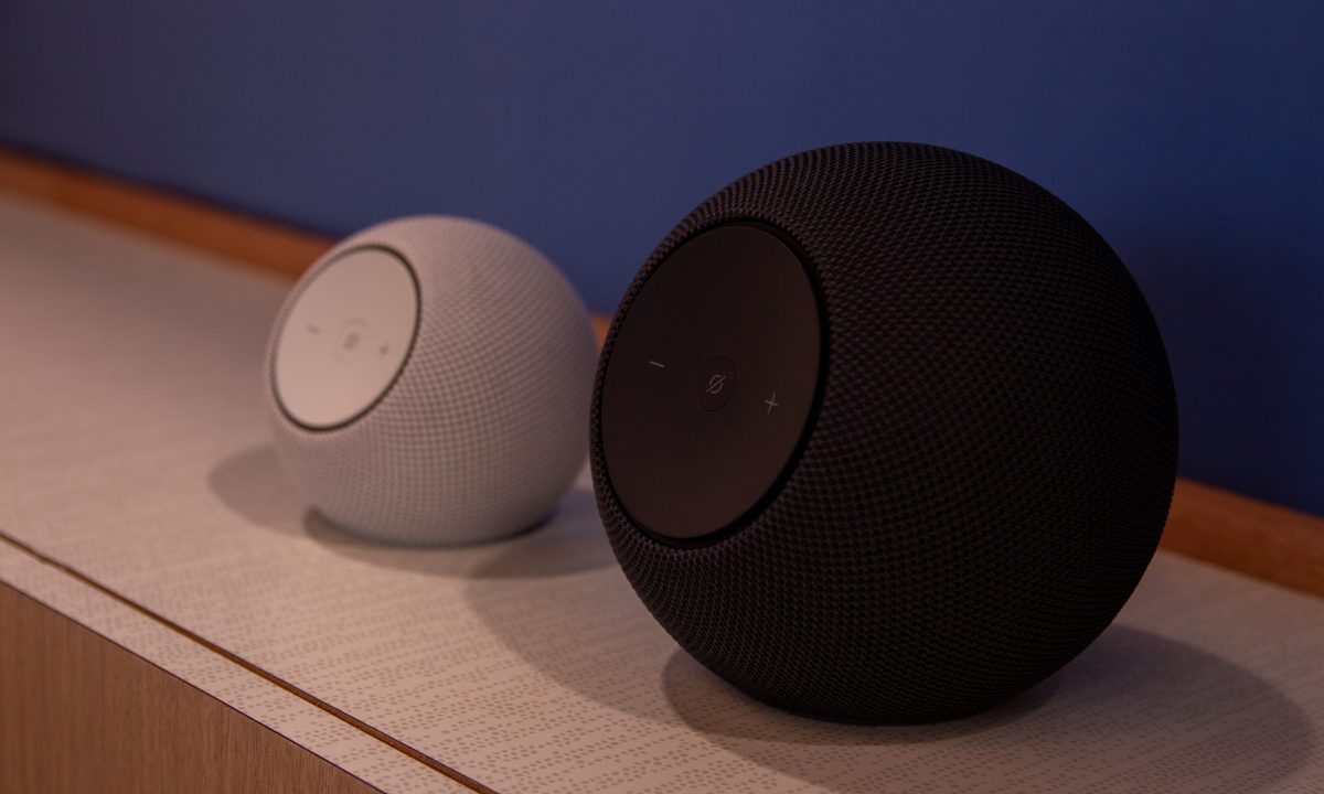 A black, spherical smart speaker (Amazon Echo Studio) next to a smaller, white spherical smart speaker (Echo Dot Max)