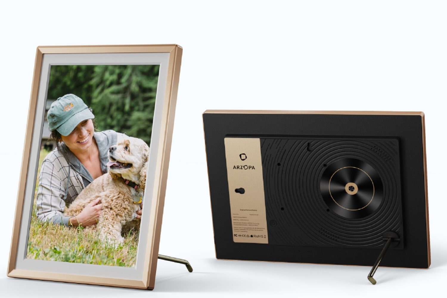 The front and back of the Arzopa D14 digital photo frame.
