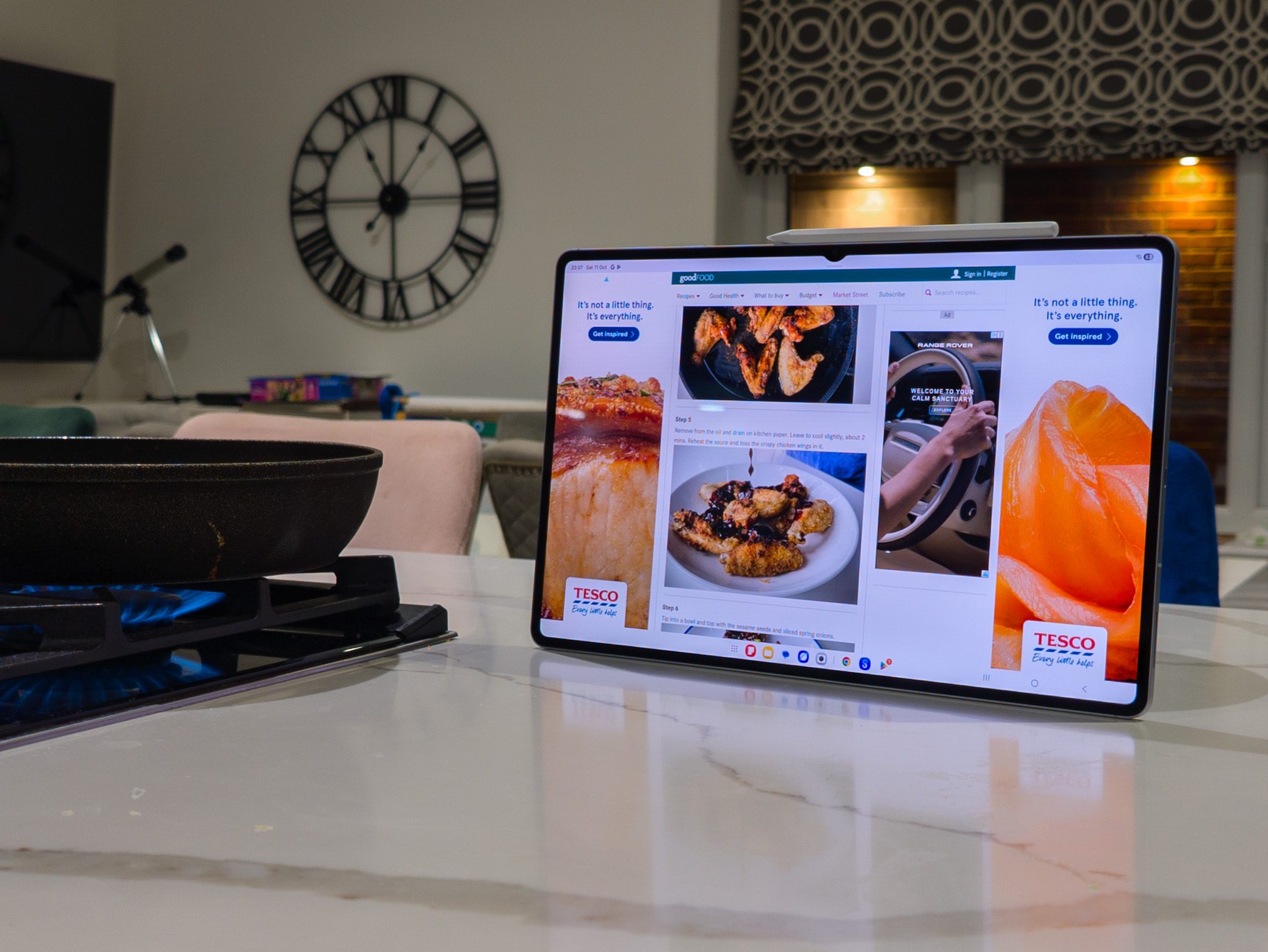 The 14-inch display on the Galaxy Tab S11 Ultra in a kitchen displaying a bbc good food recipe