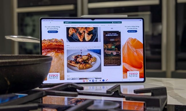 The 14-inch display on the Galaxy Tab S11 Ultra in a kitchen displaying a bbc good food recipe