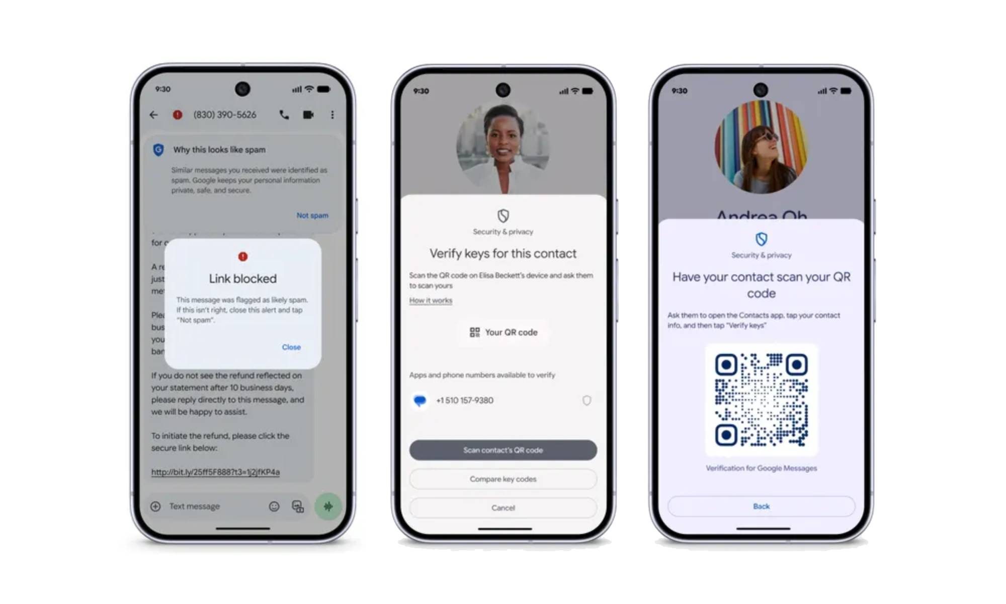 Image with three phones displaying the new scam protection features in Google Messages.