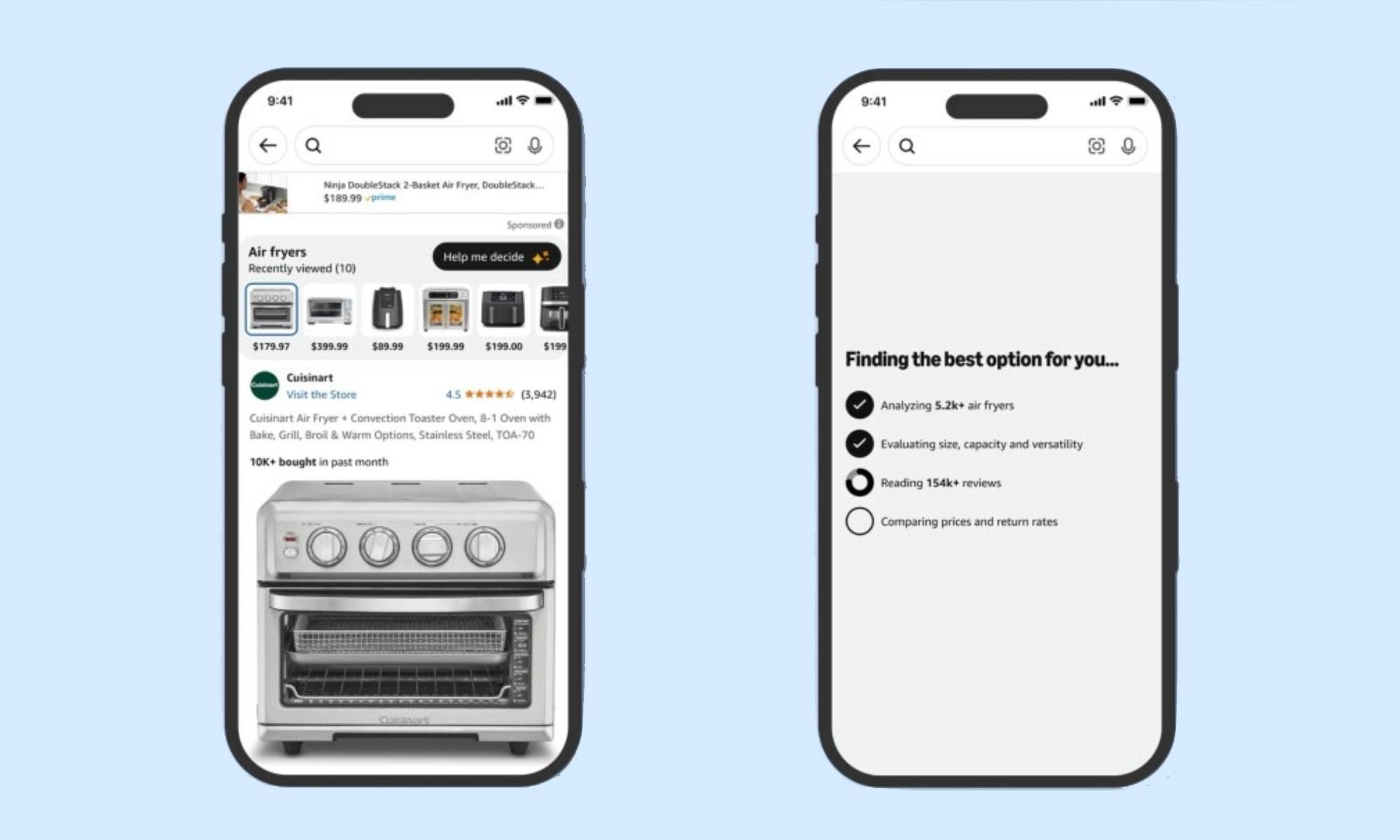 Image showcasing Amazon's Help Me Decide tool on two iPhones.