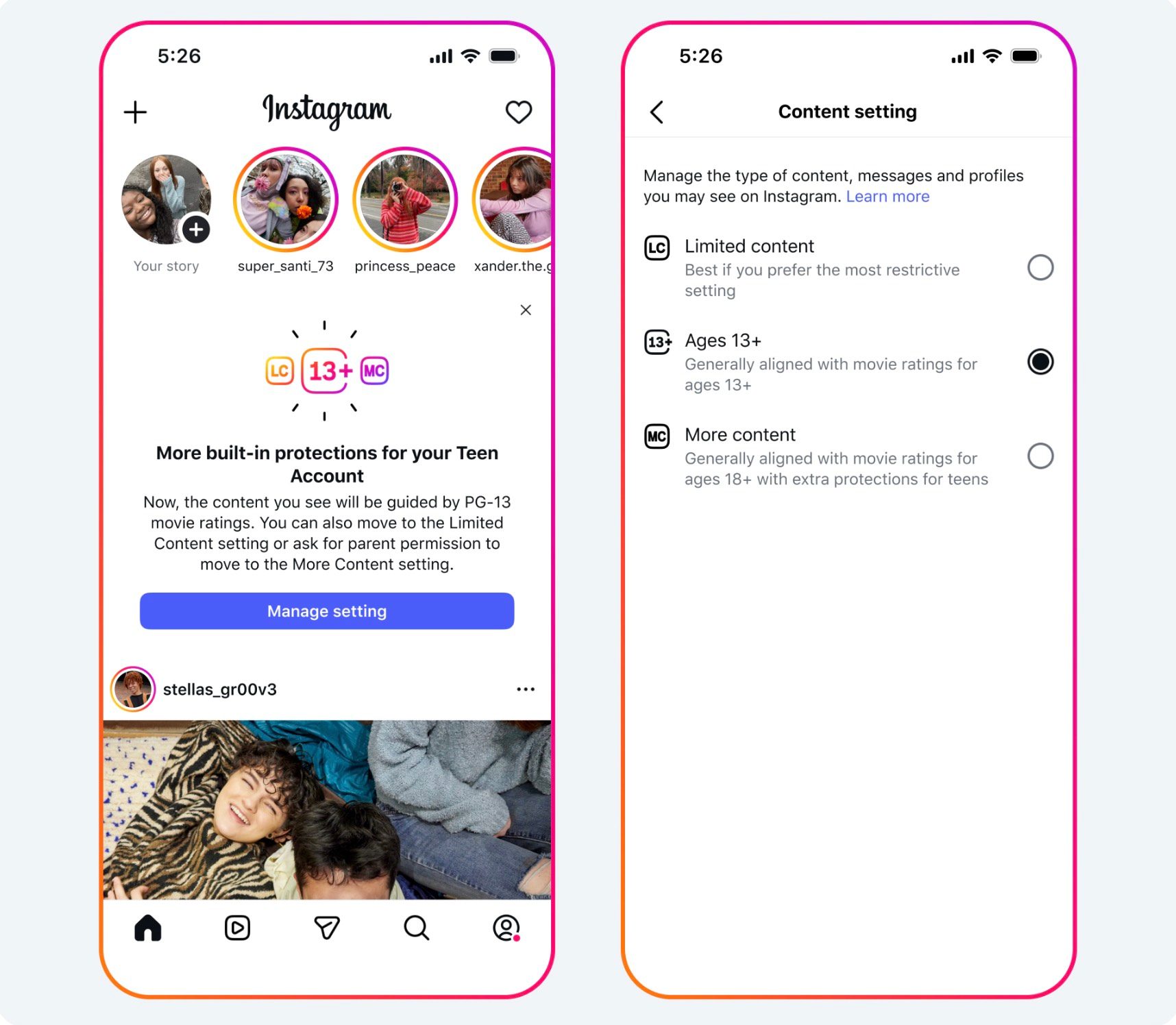 Instagram content settings.