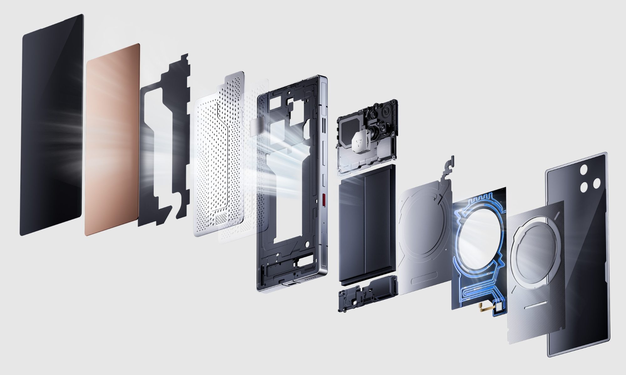 Liquid cooling technology from RedMagic sandwiches between other components.