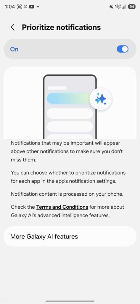 One UI 8.5 screenshot showcasing the upcoming Prioritize notifications feature