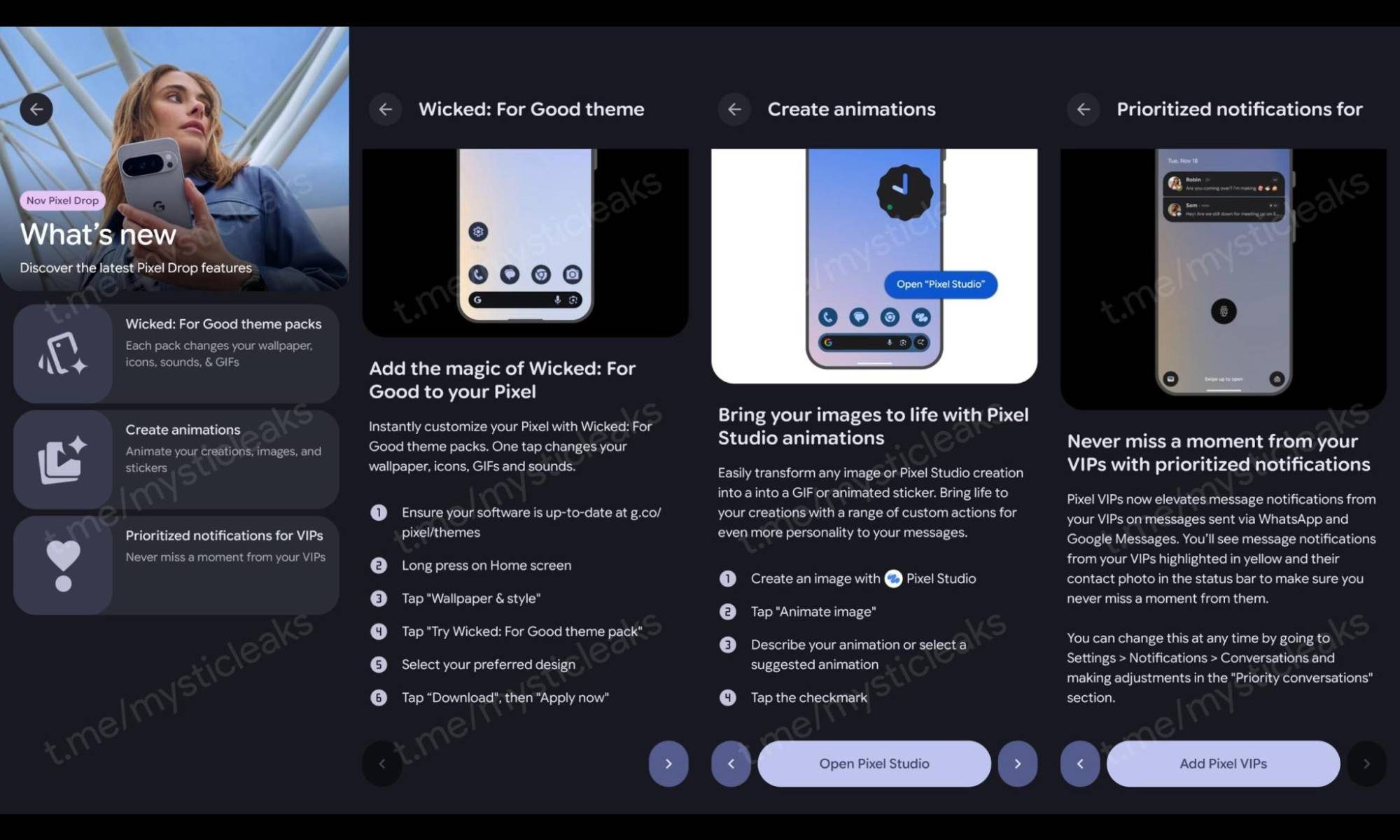Screenshots showing Pixel Tips app highlighting changes coming in the Pixel Feature Drop for November 2025.