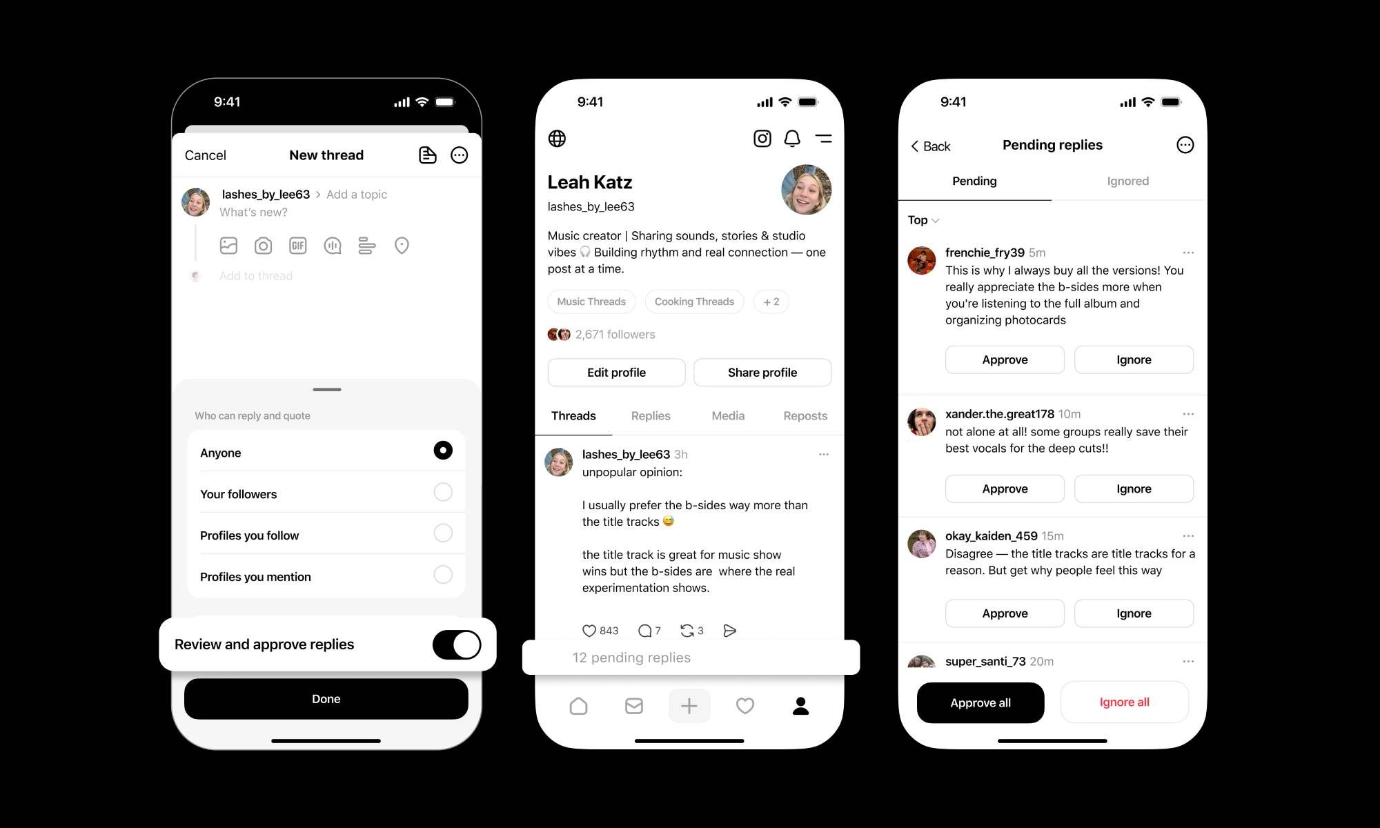 Screenshots showing the new Reply Approvals feature in the Threads app.