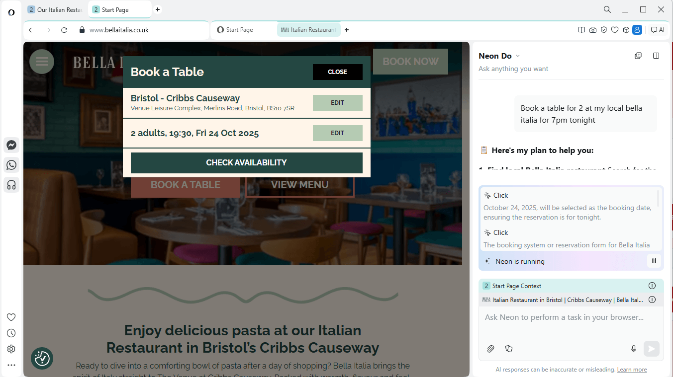 Opera Neon browser booking a table for me.