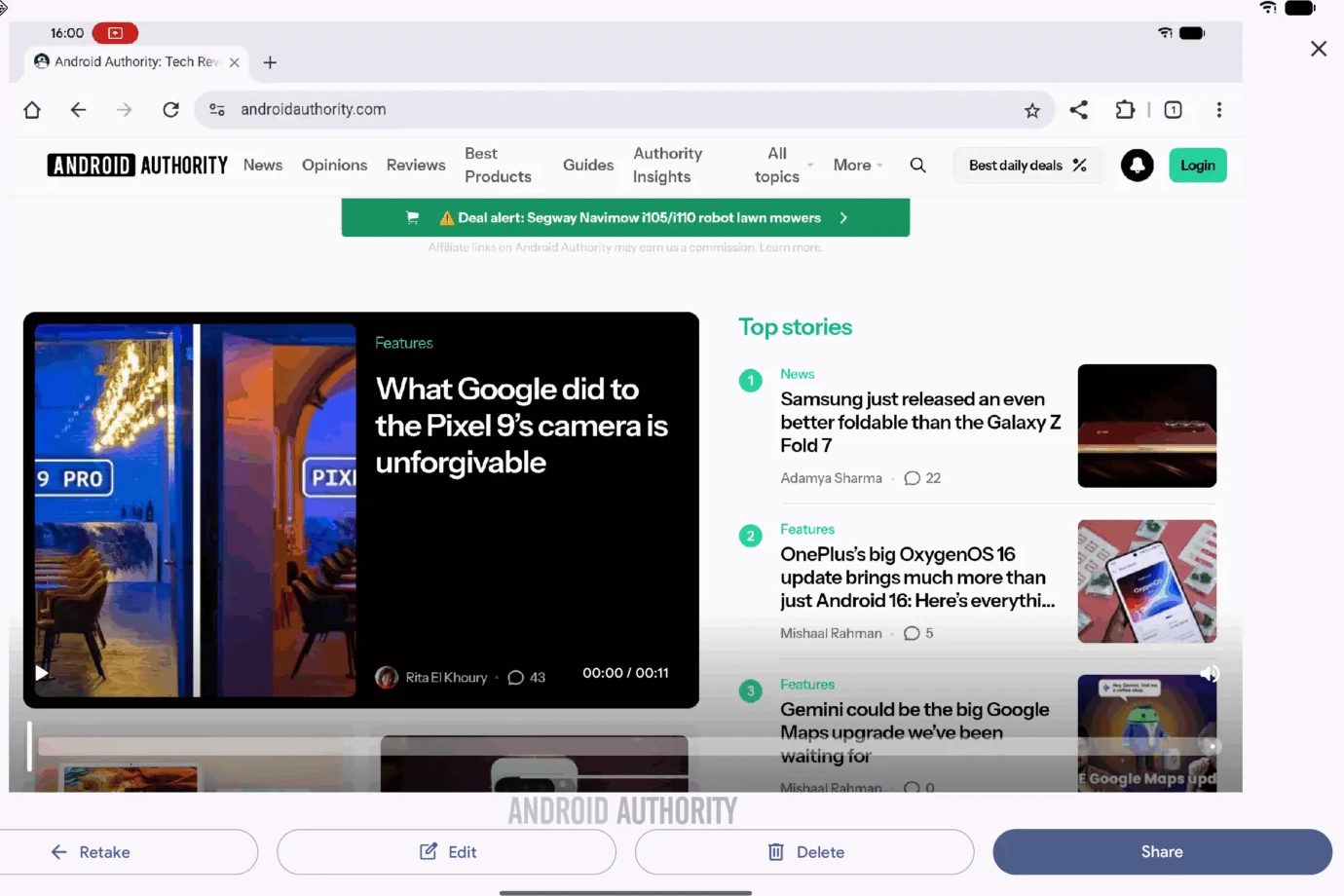 Screenshot of the new Android screen recording app interface showing the bottom toolbar.