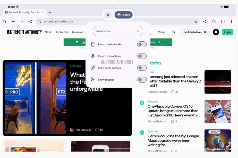 Screenshot of the new Android screen recording app showing the less intrusive toolbar.