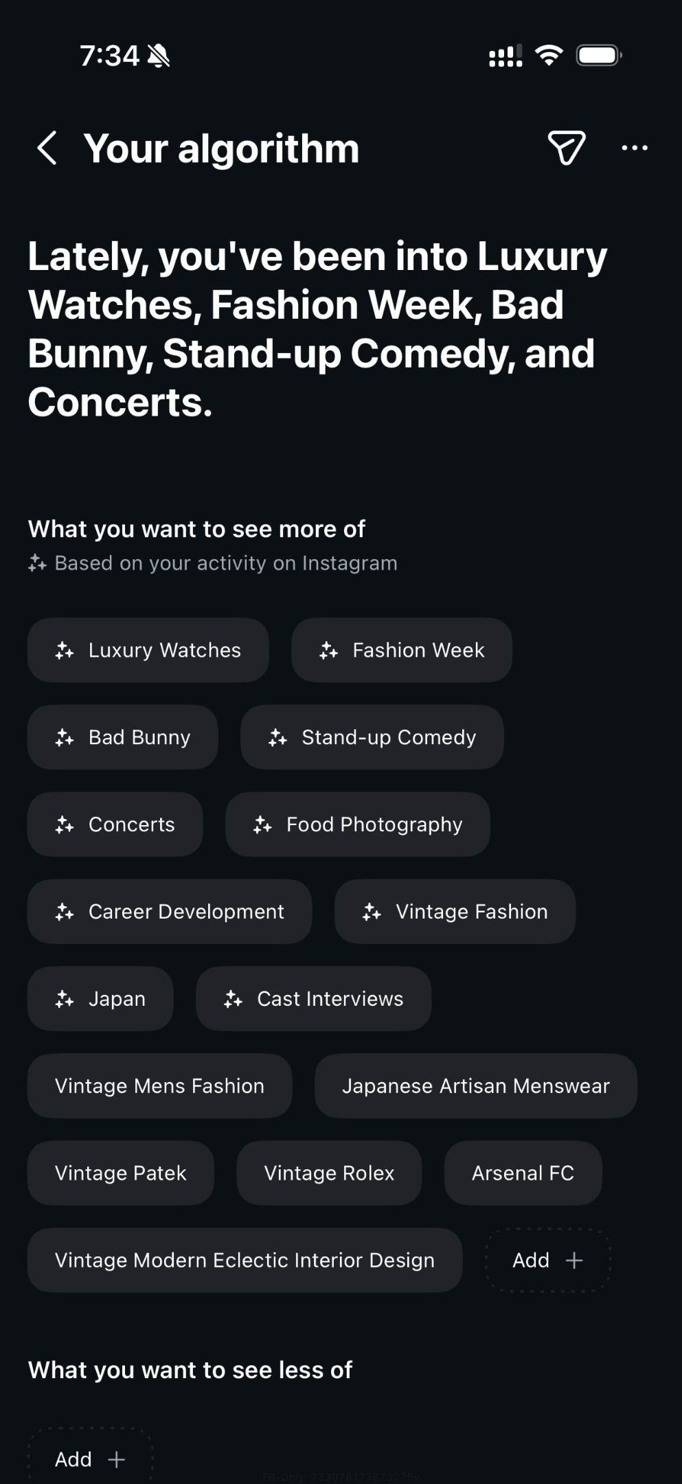 Screenshot showing Instagram's new algorithm customization feature.