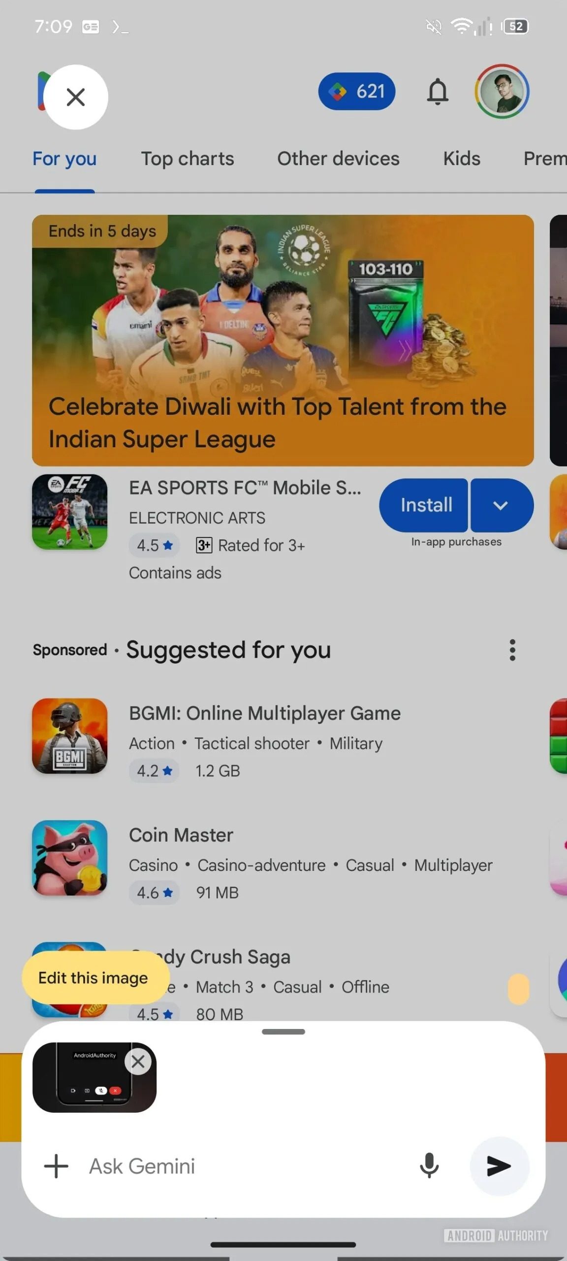 Screenshot showing the Gemini overlay with a new Nano Banana Edit this image button
