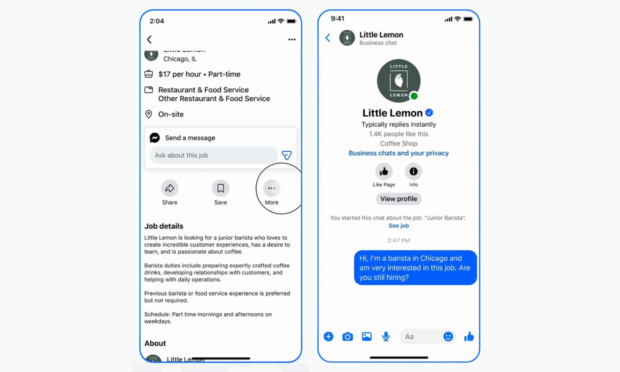 Screenshots of the Facebook Marketplace job board feature in action.