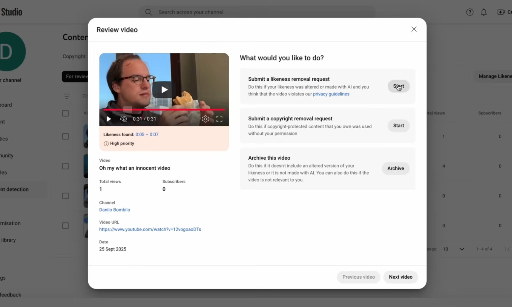 Screenshot of then three options provided by the YouTube likeness detection feature.