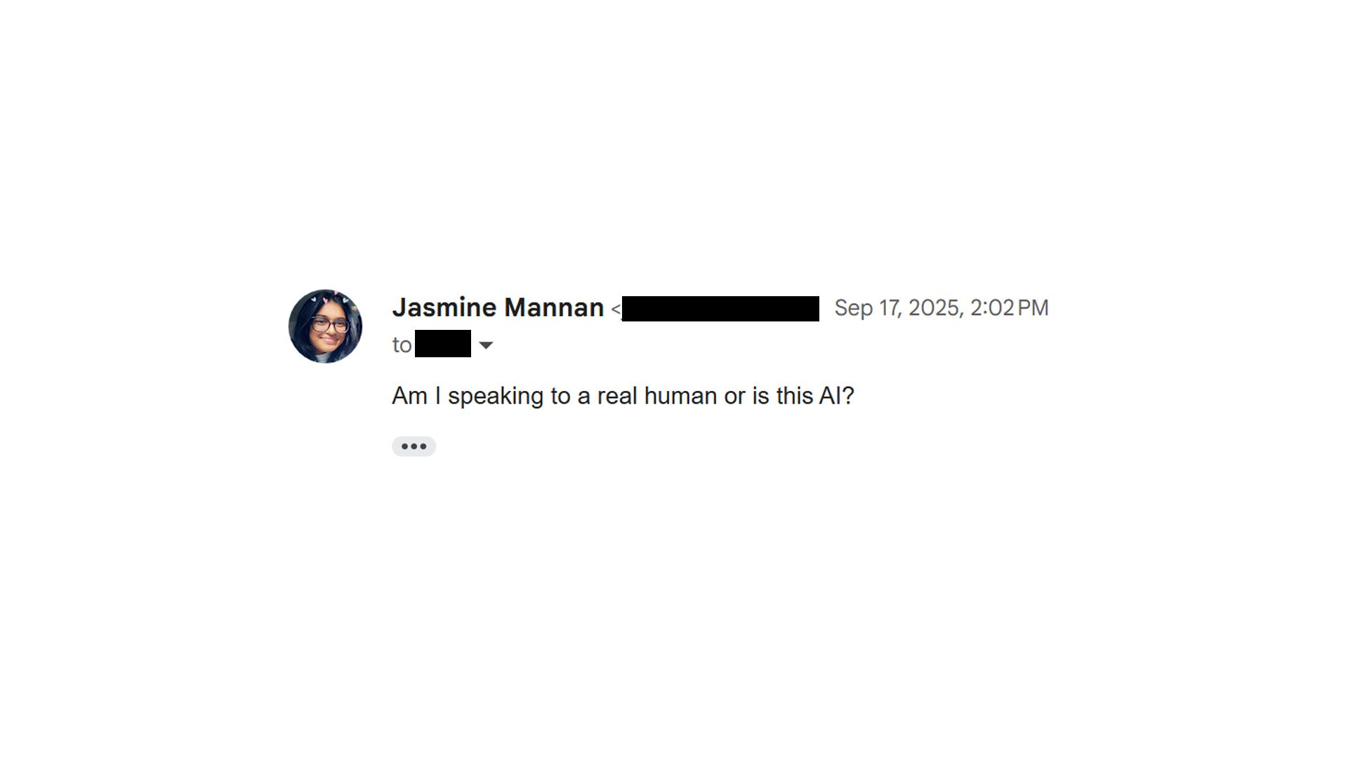 Email showing me asking "Am I speaking to a real human or is this AI?