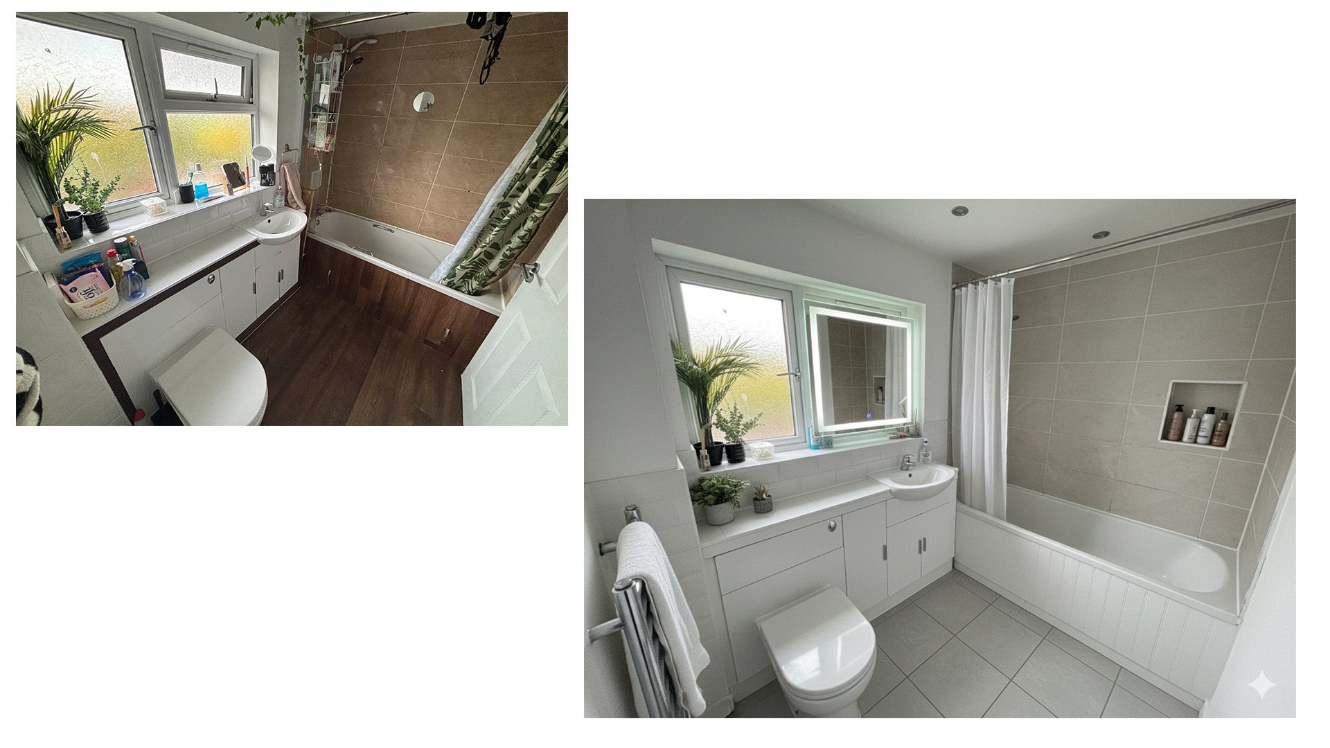 Bathroom before and after images side by side