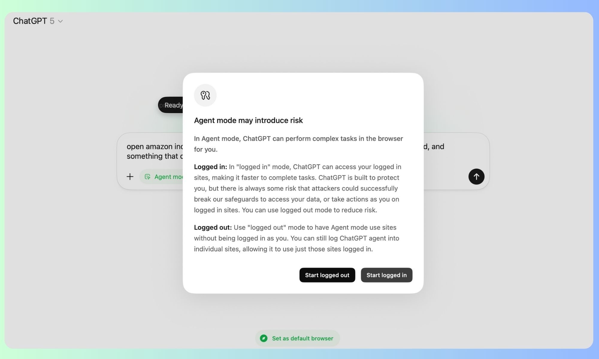 Agent mode warning in ChatGPT Atlas browser