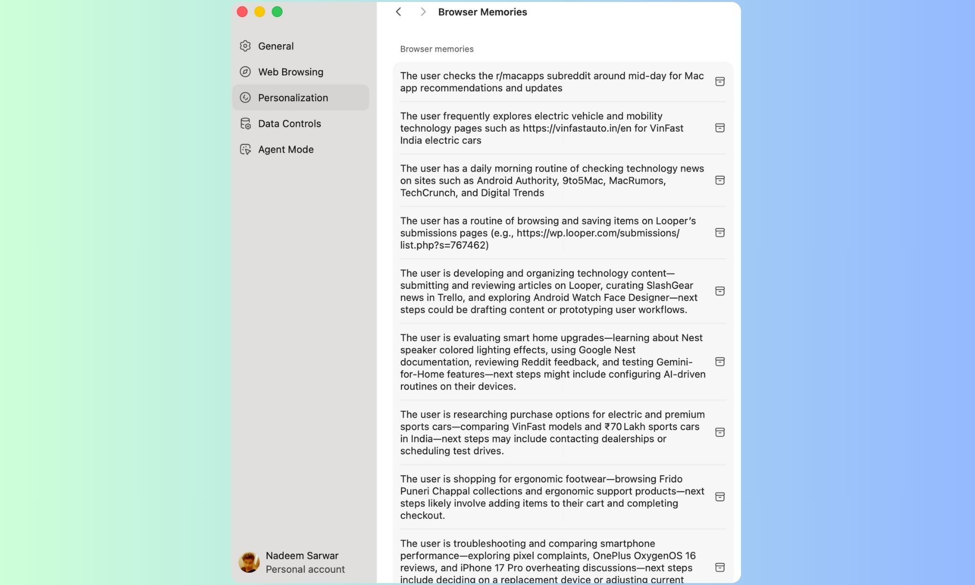 Memory of ChatGPT Atlas browser